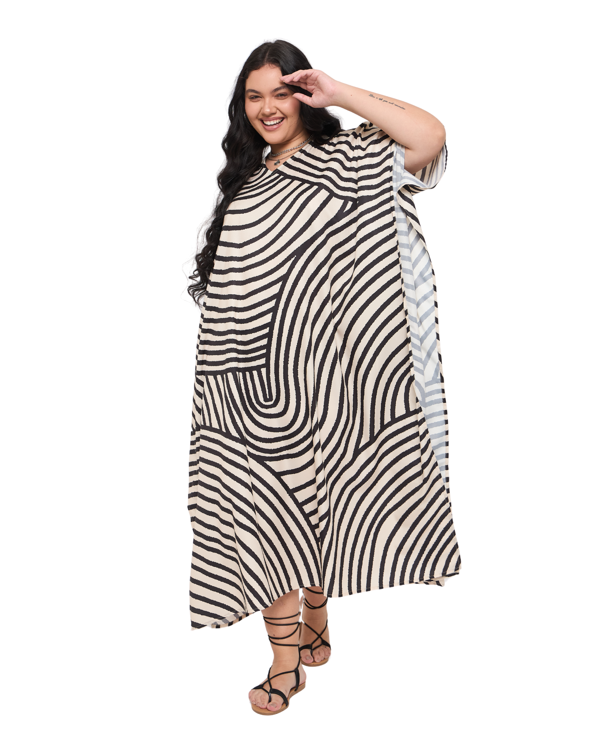 Abstract Off-White Polyester Women Plus Size Kaftan Dress