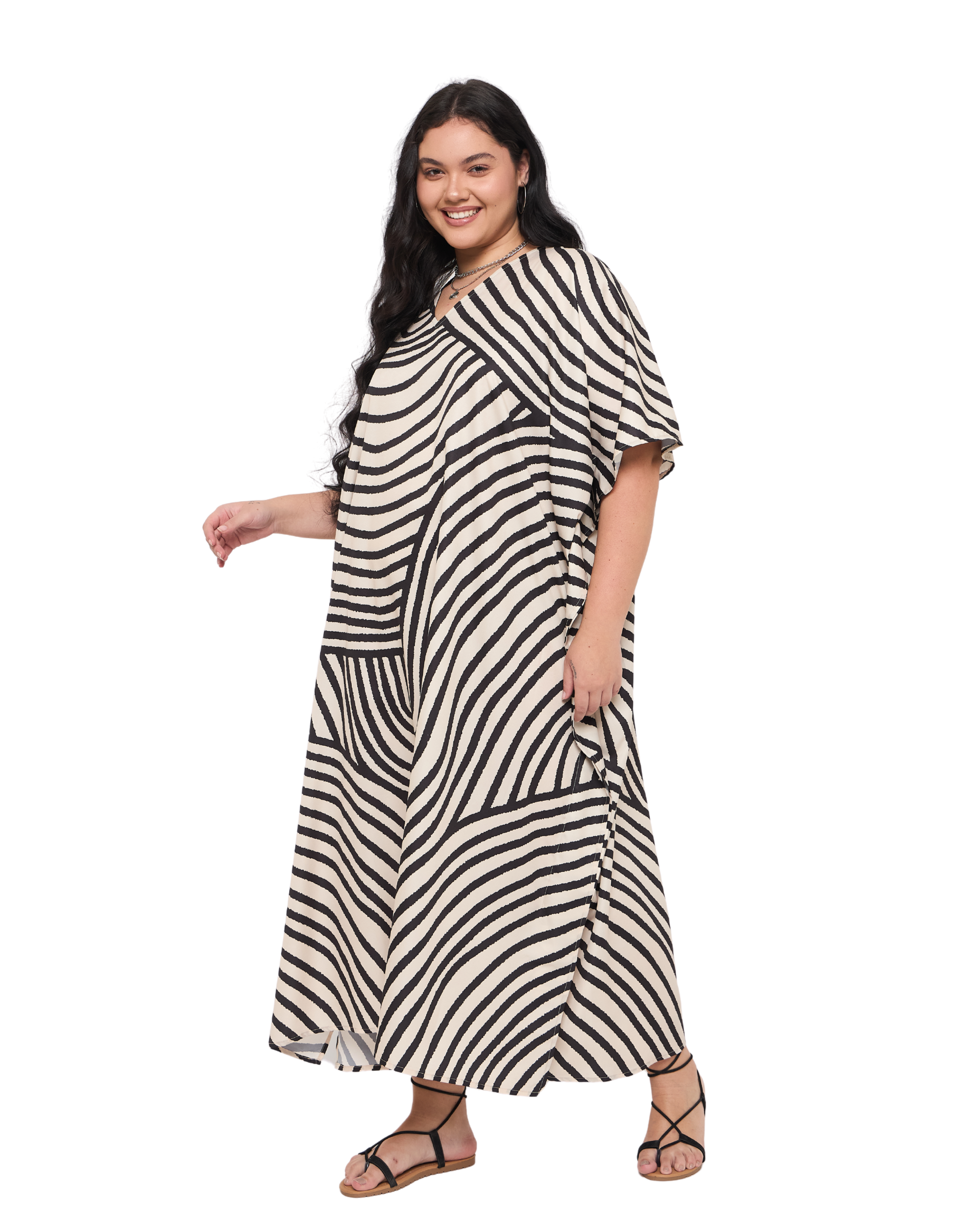 Abstract Off-White Polyester Women Plus Size Kaftan Dress