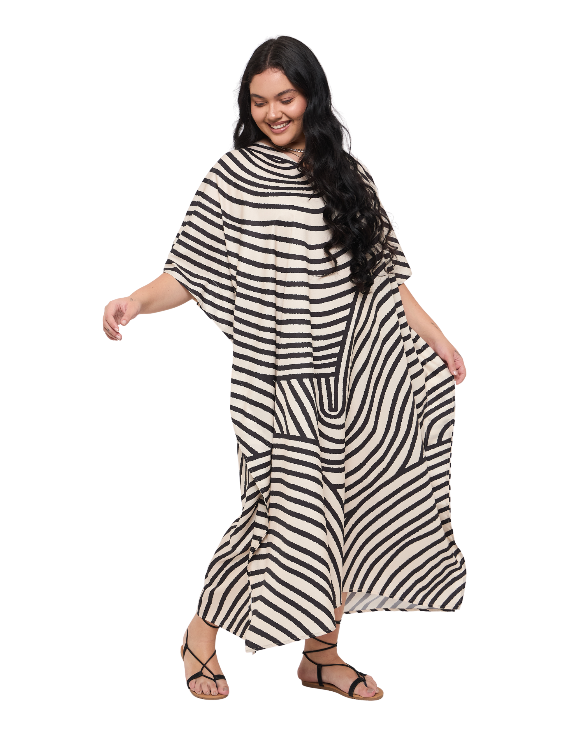 Abstract Off-White Polyester Women Plus Size Kaftan Dress