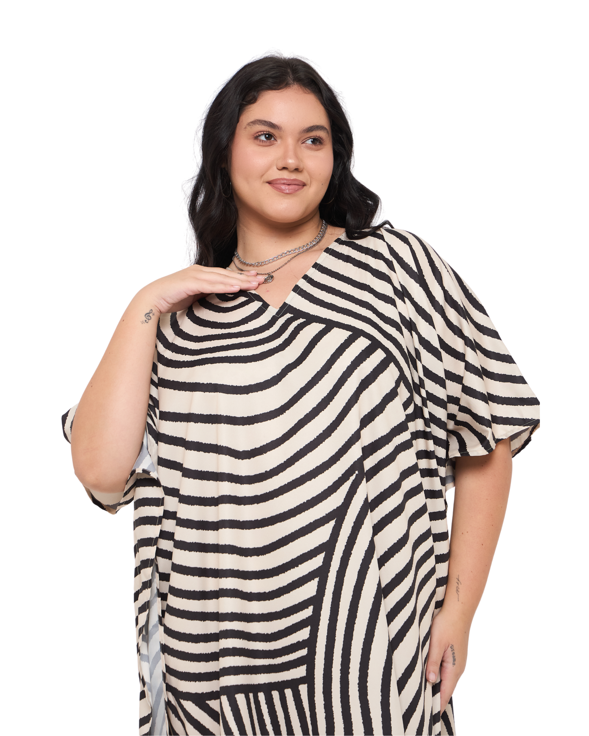 Abstract Off-White Polyester Women Plus Size Kaftan Dress