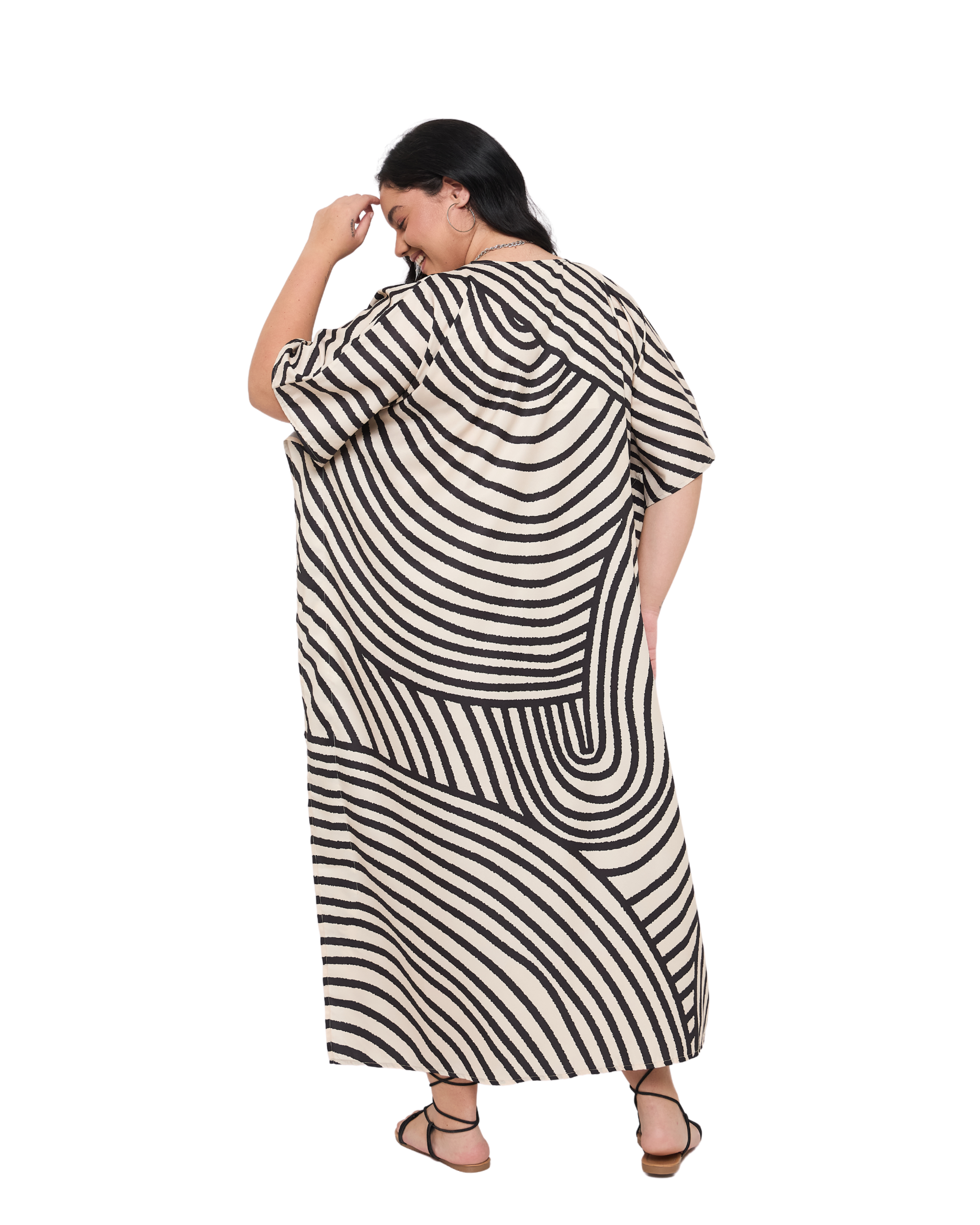 Abstract Off-White Polyester Women Plus Size Kaftan Dress