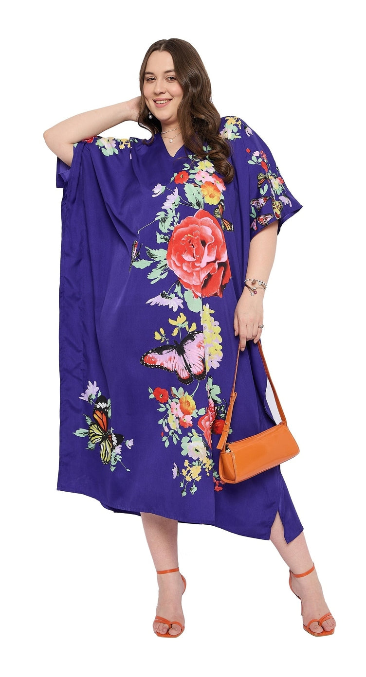 Navy Blue Floral Polyester Women Plus Size Kaftan Loungewear Dress - SKU SG152-9111 - Gypsie Blu