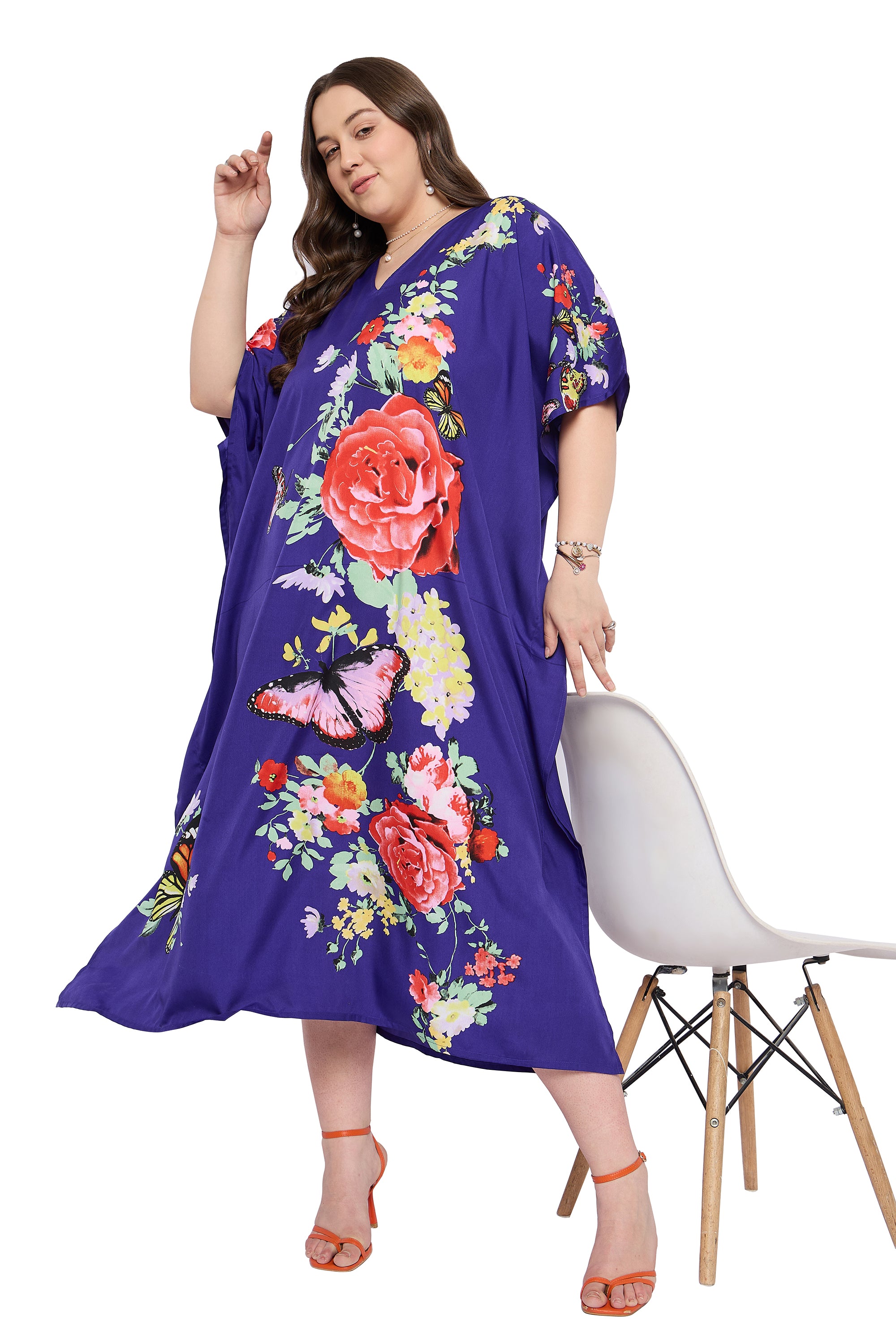 Navy Blue Polyester Elegant Women Plus Size Kaftan for Daily Wear