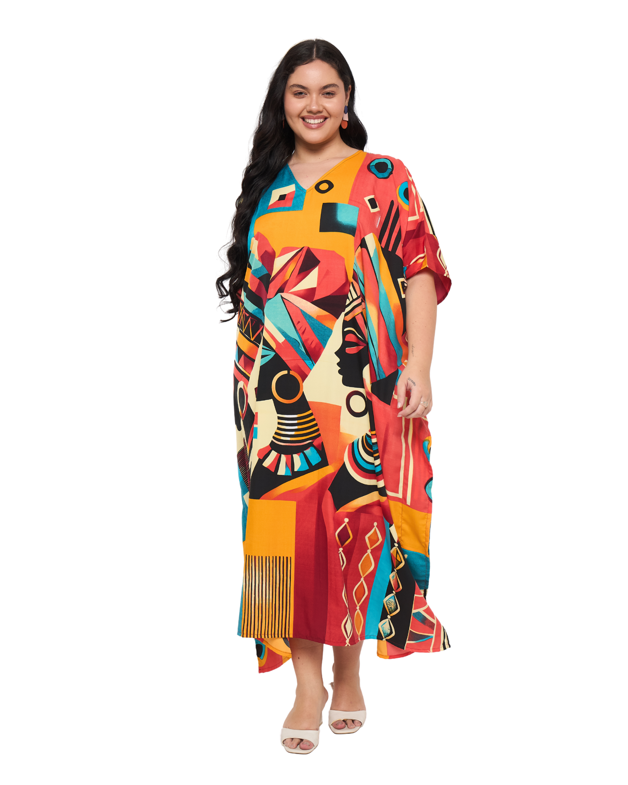 Lady Print Multicolor Polyester Women Plus Size Kaftan Dress for Beach