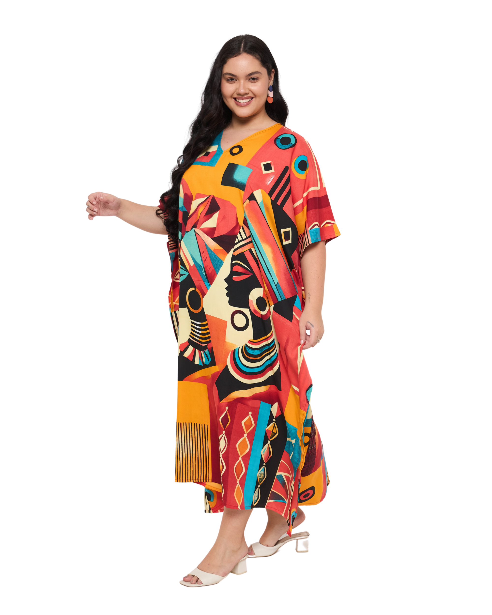 Lady Print Multicolor Polyester Women Plus Size Kaftan Dress for Beach