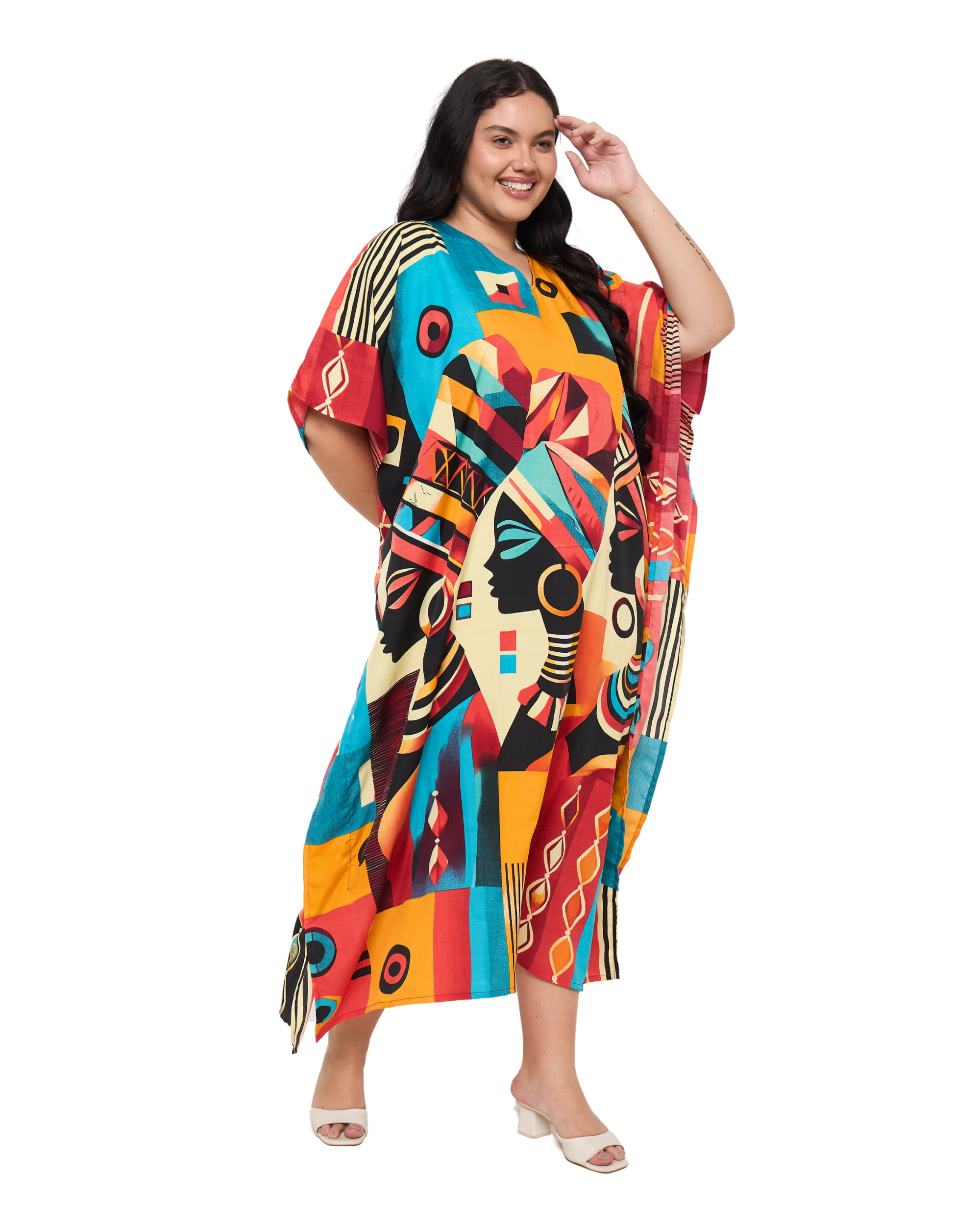 Lady Print Multicolor Polyester Women Plus Size Kaftan Dress for Beach