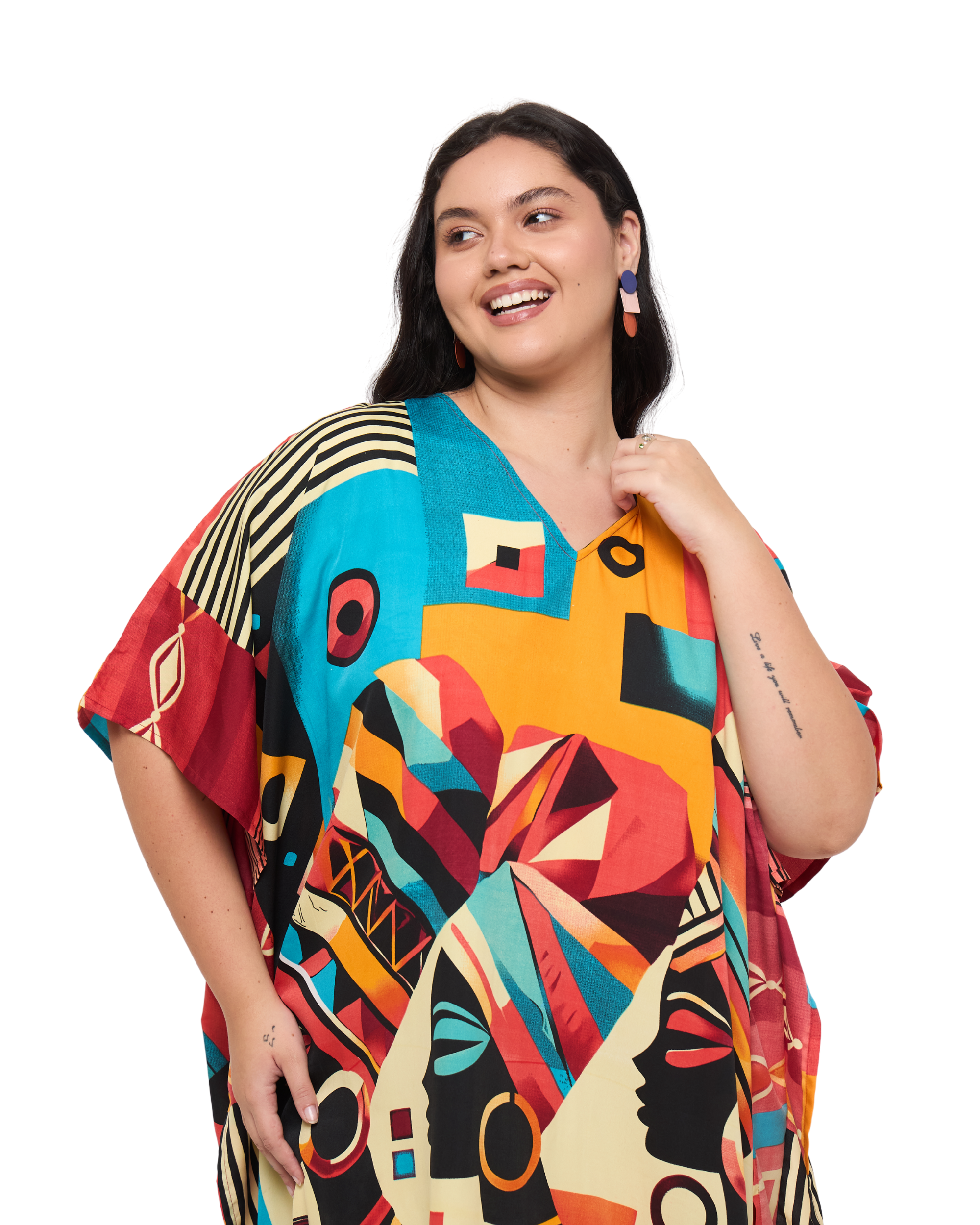 Lady Print Multicolor Polyester Women Plus Size Kaftan Dress for Beach