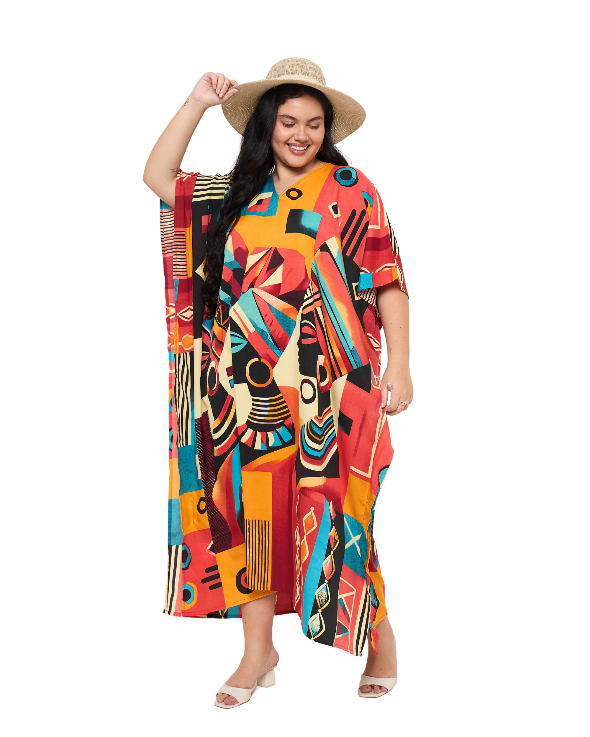 Lady Print Multicolor Polyester Women Plus Size Kaftan Dress for Beach