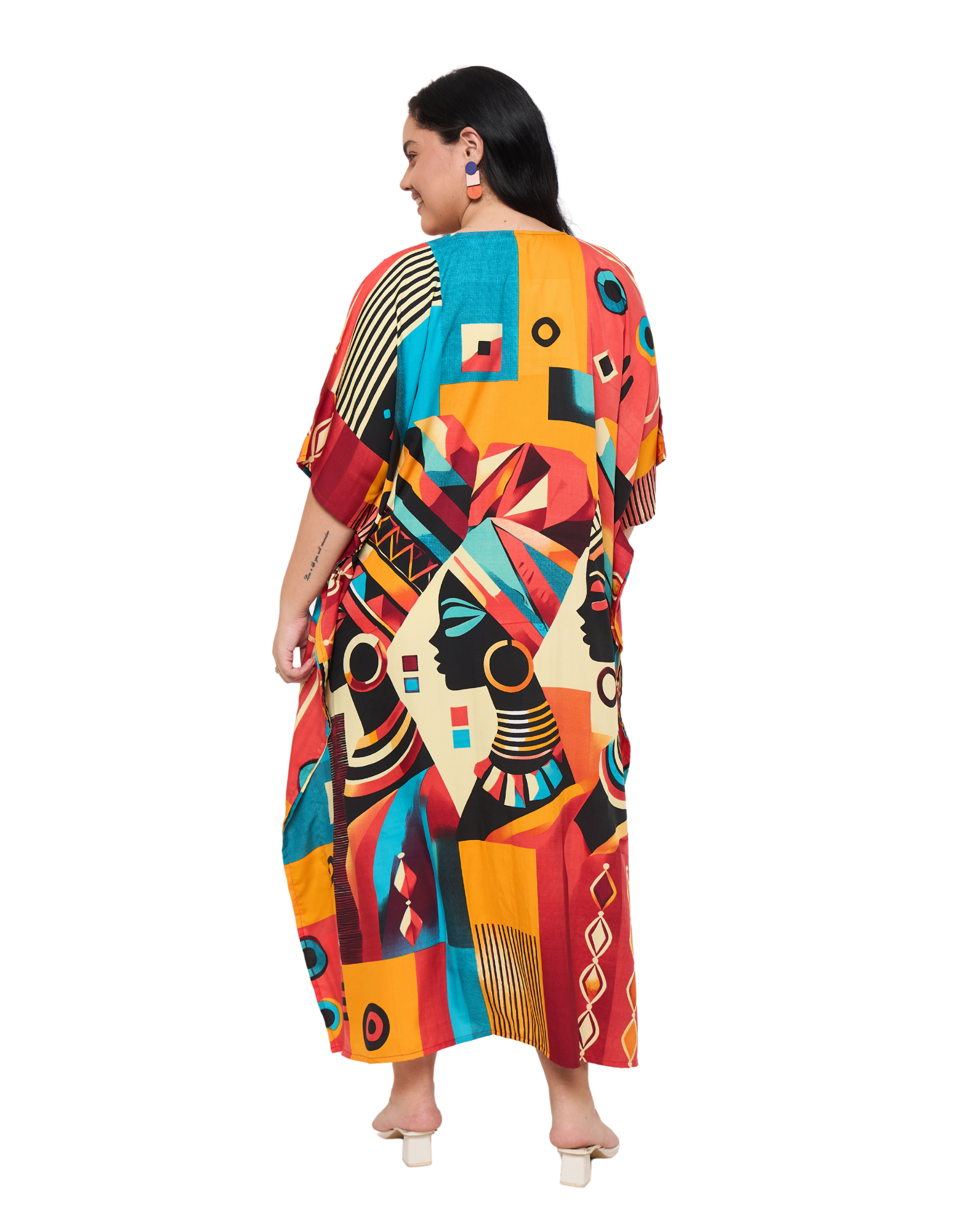 Lady Print Multicolor Polyester Women Plus Size Kaftan Dress for Beach
