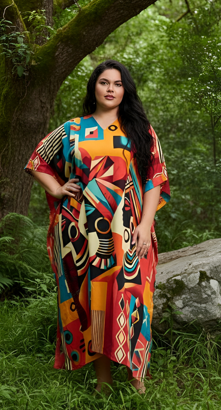 Lady Print Multicolor Polyester Women Plus Size Kaftan Dress for Beach