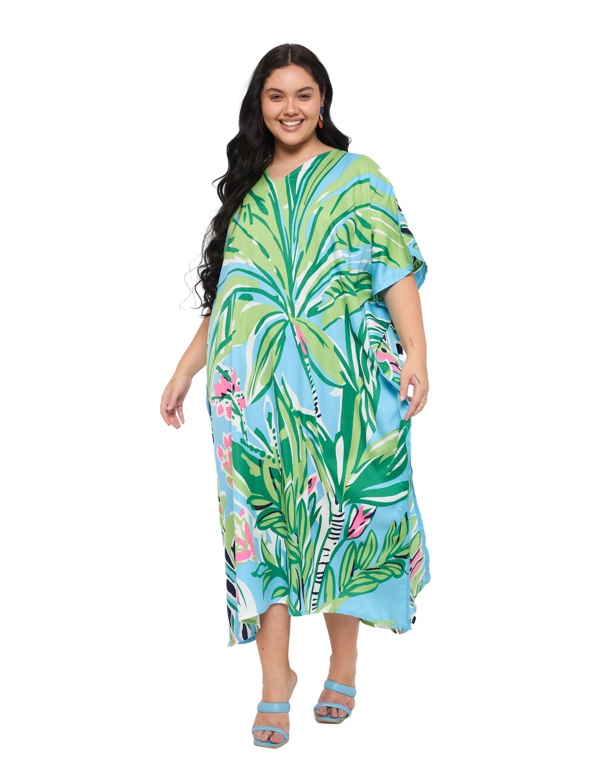 Leaf Sky blue Polyester Women Plus Size Holiday Kaftan Dress