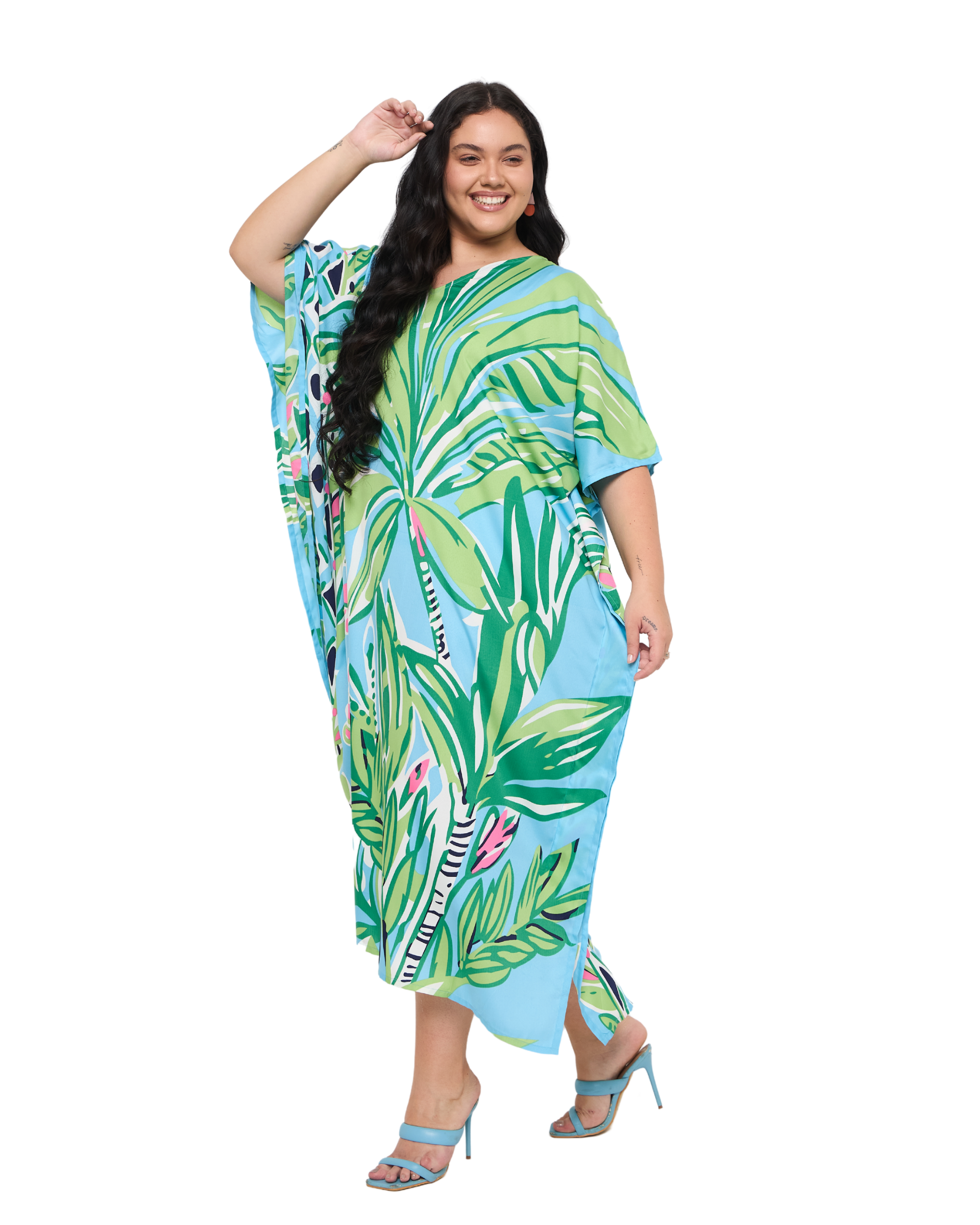 Leaf Sky blue Polyester Women Plus Size Holiday Kaftan Dress