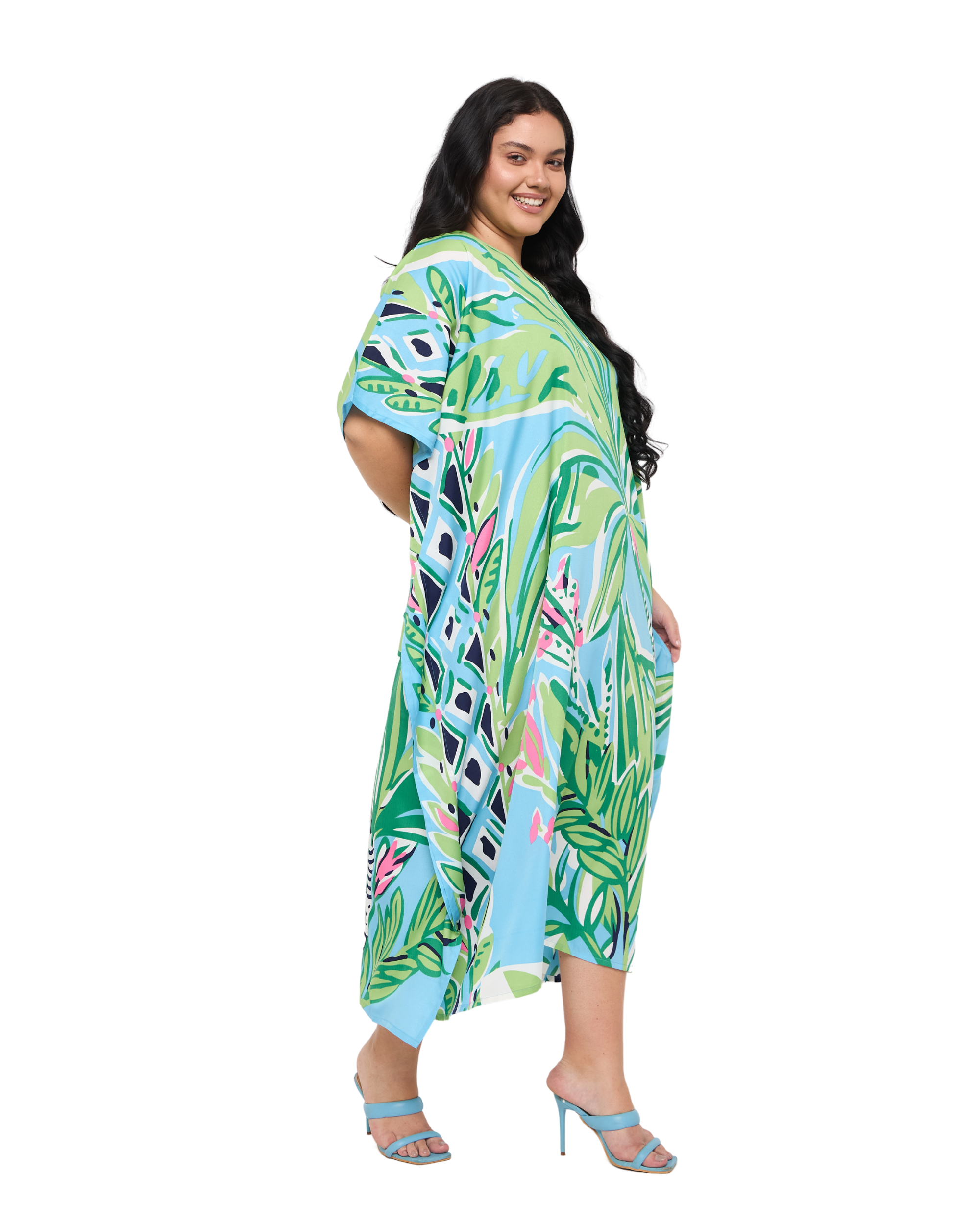 Leaf Sky blue Polyester Women Plus Size Holiday Kaftan Dress