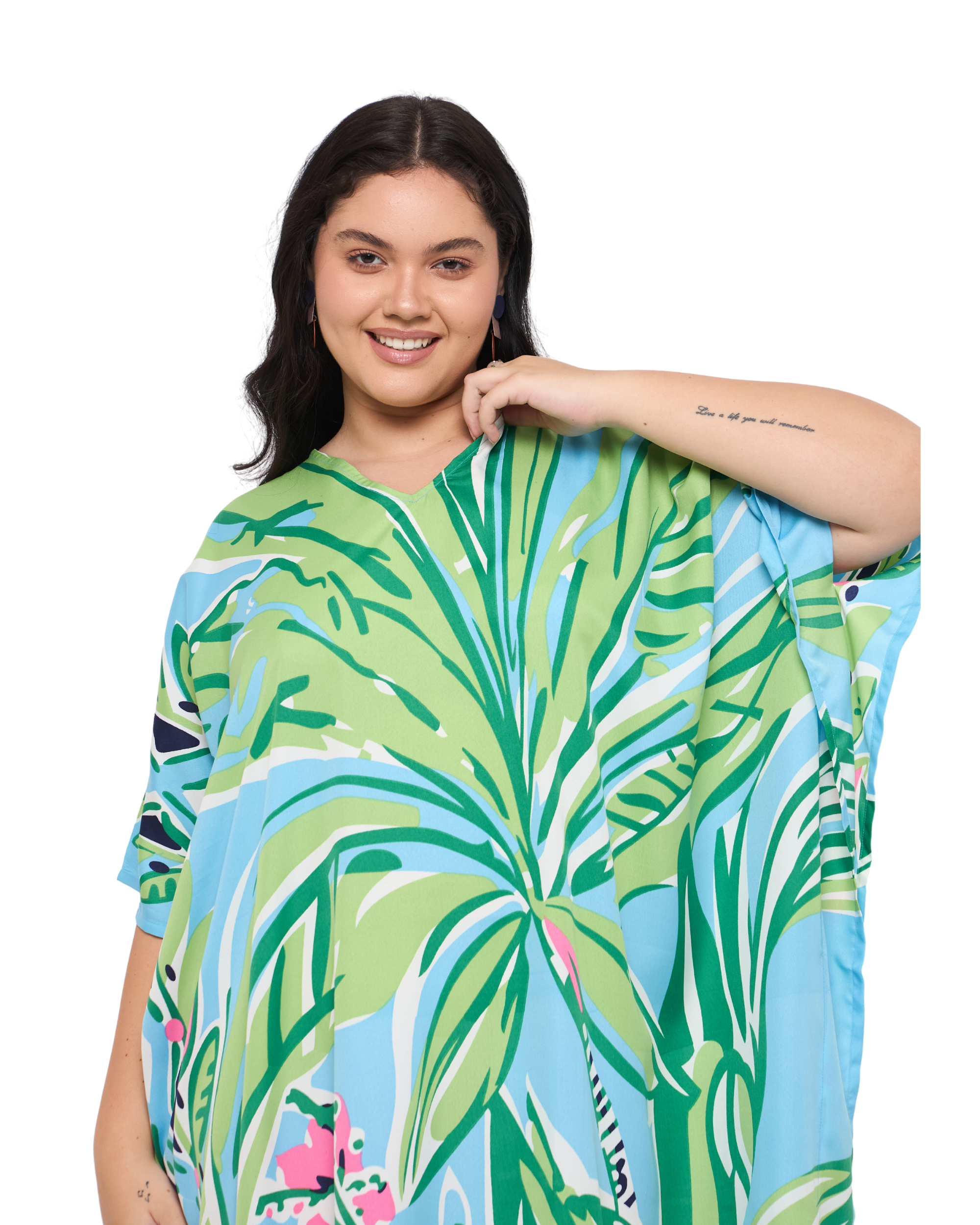 Leaf Sky blue Polyester Women Plus Size Holiday Kaftan Dress