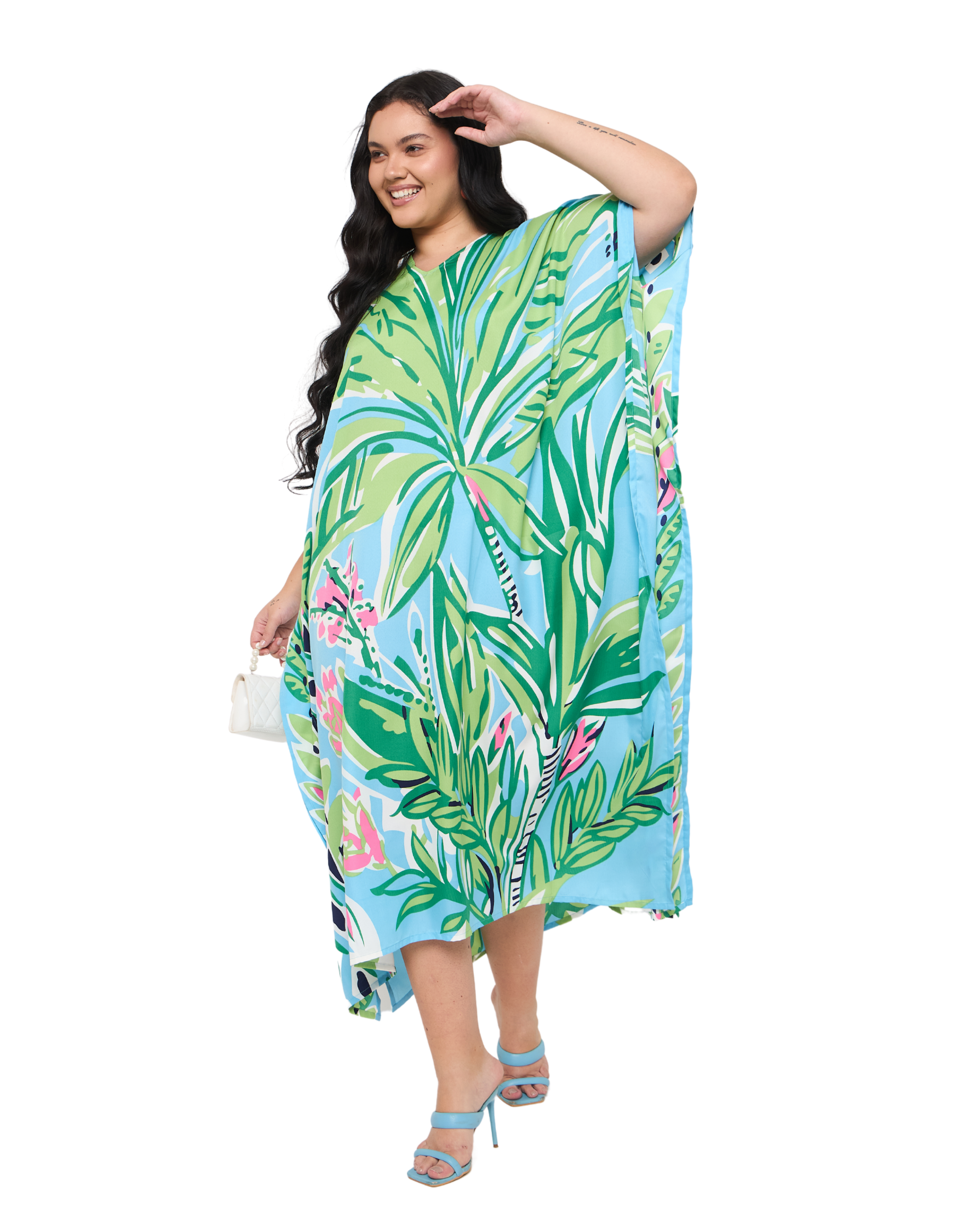 Leaf Sky blue Polyester Women Plus Size Holiday Kaftan Dress