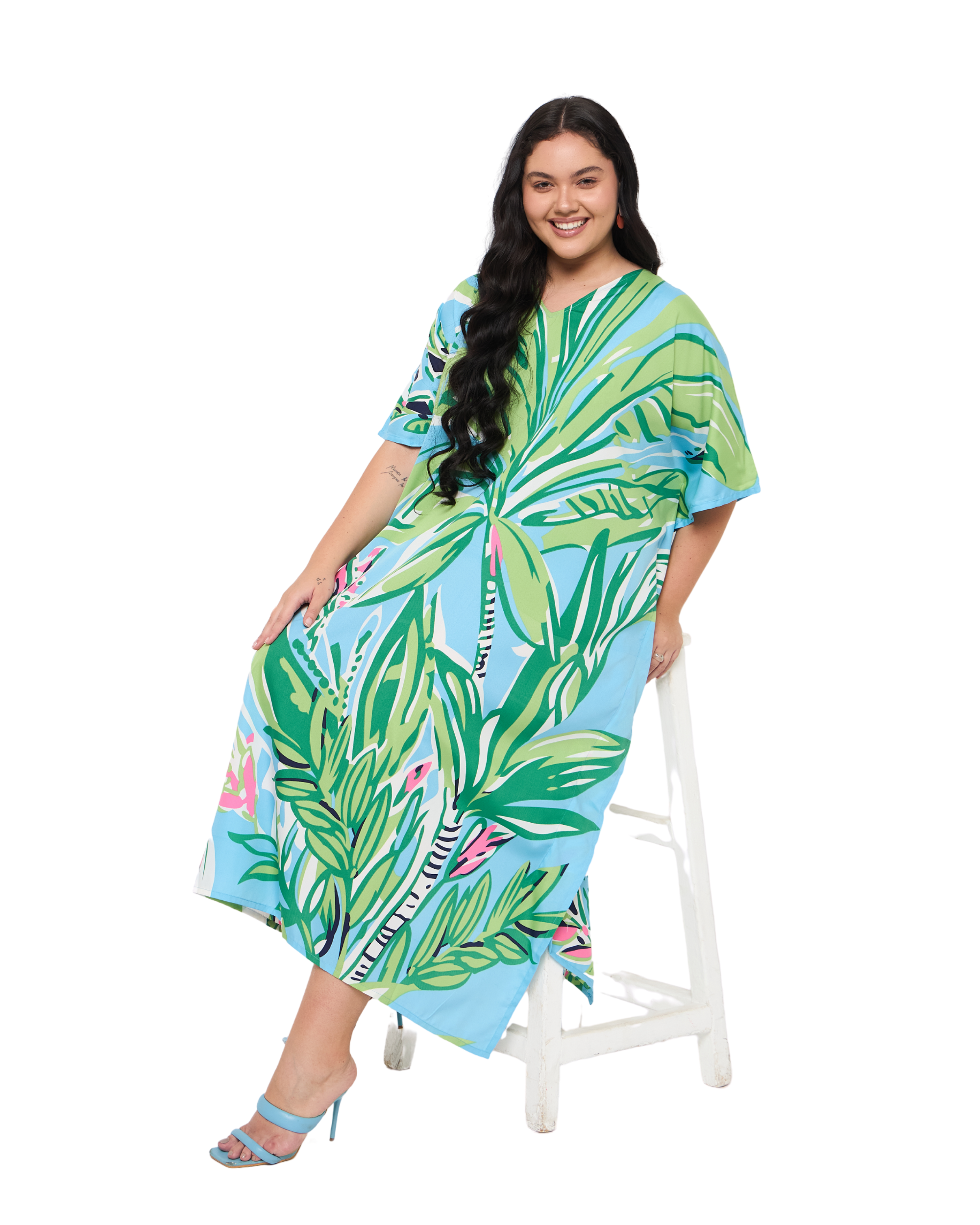 Leaf Sky blue Polyester Women Plus Size Holiday Kaftan Dress