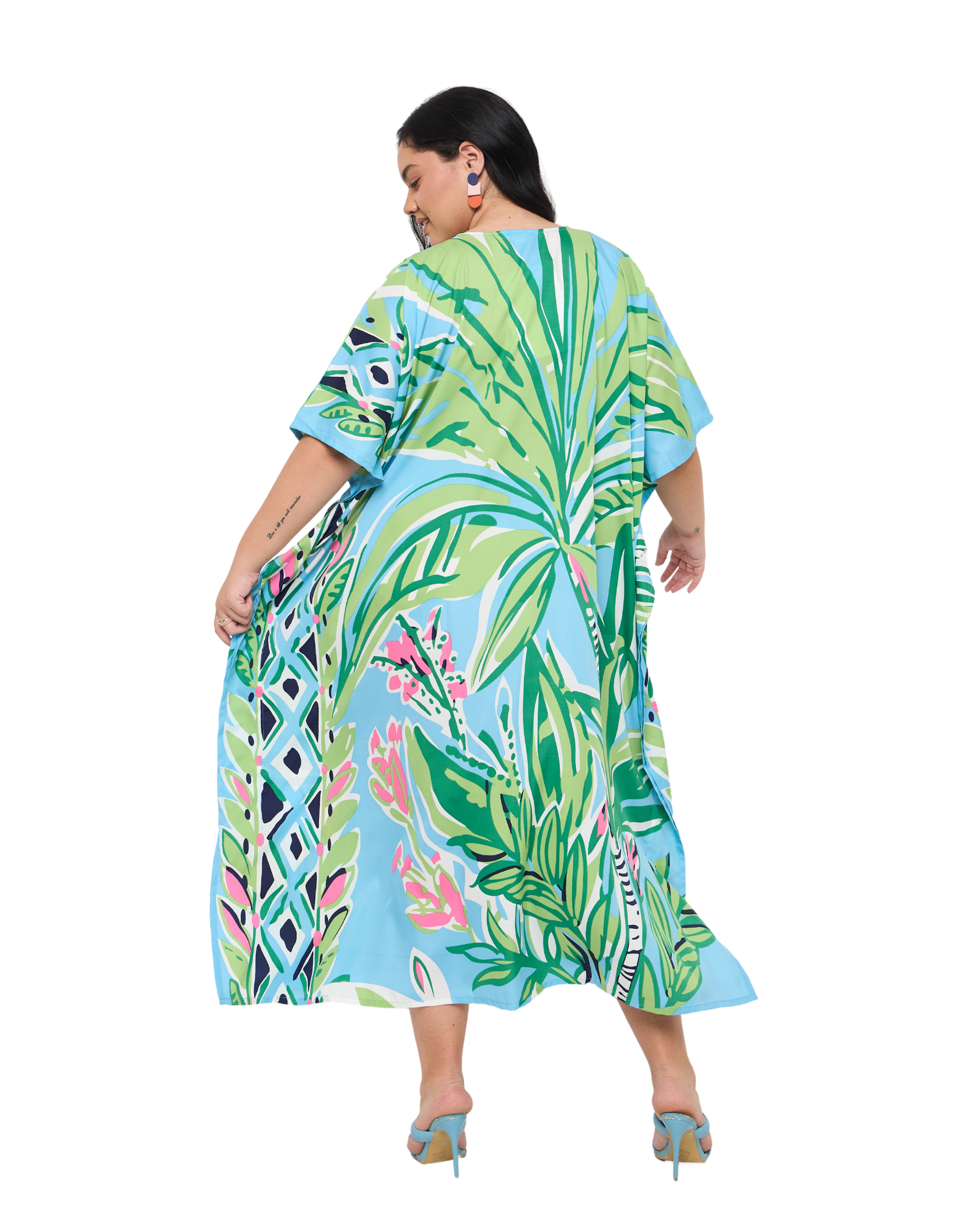 Leaf Sky blue Polyester Women Plus Size Holiday Kaftan Dress