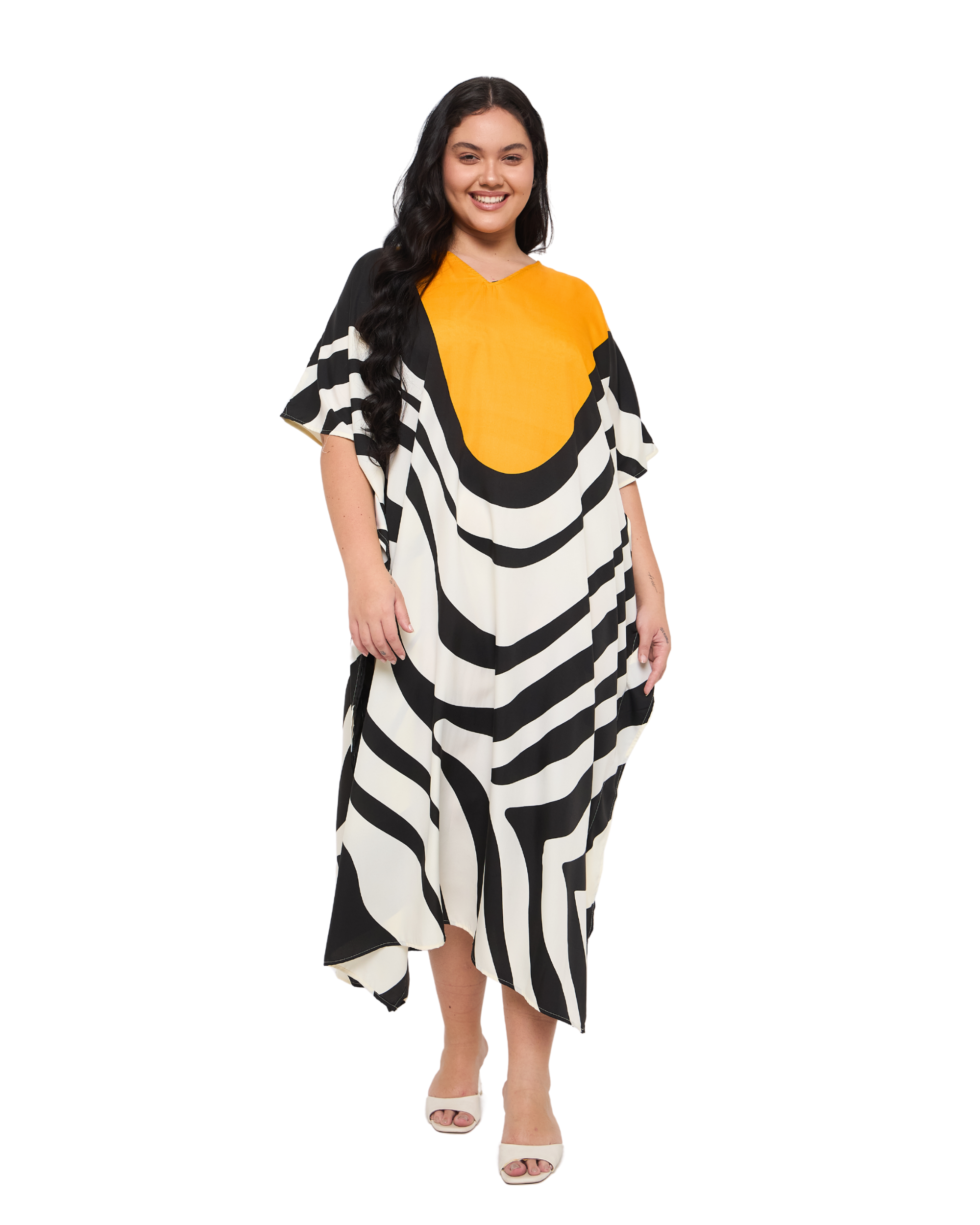 Striped White Polyester Women Plus Size Kaftan Dress for Resort