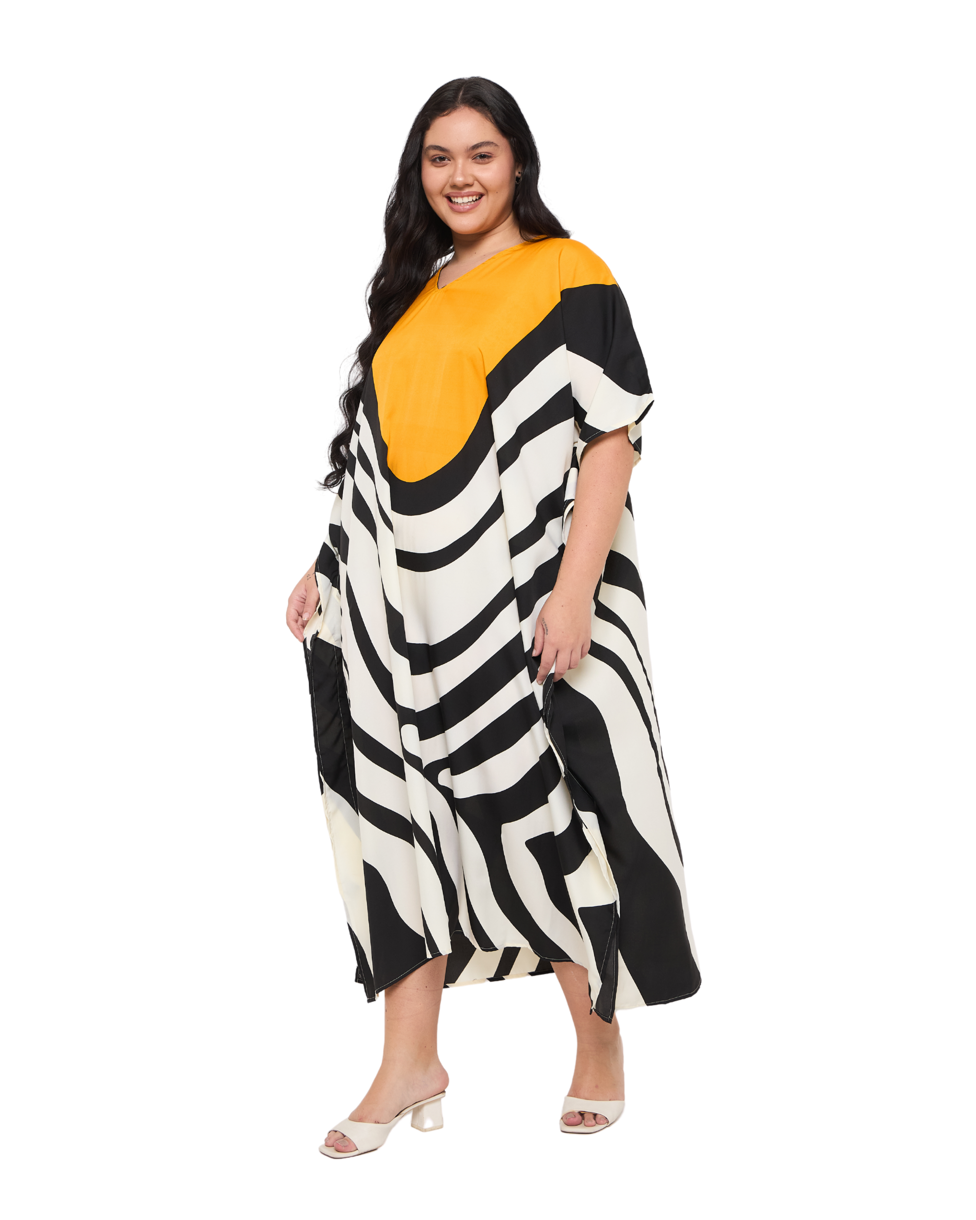 Striped White Polyester Women Plus Size Kaftan Dress for Resort