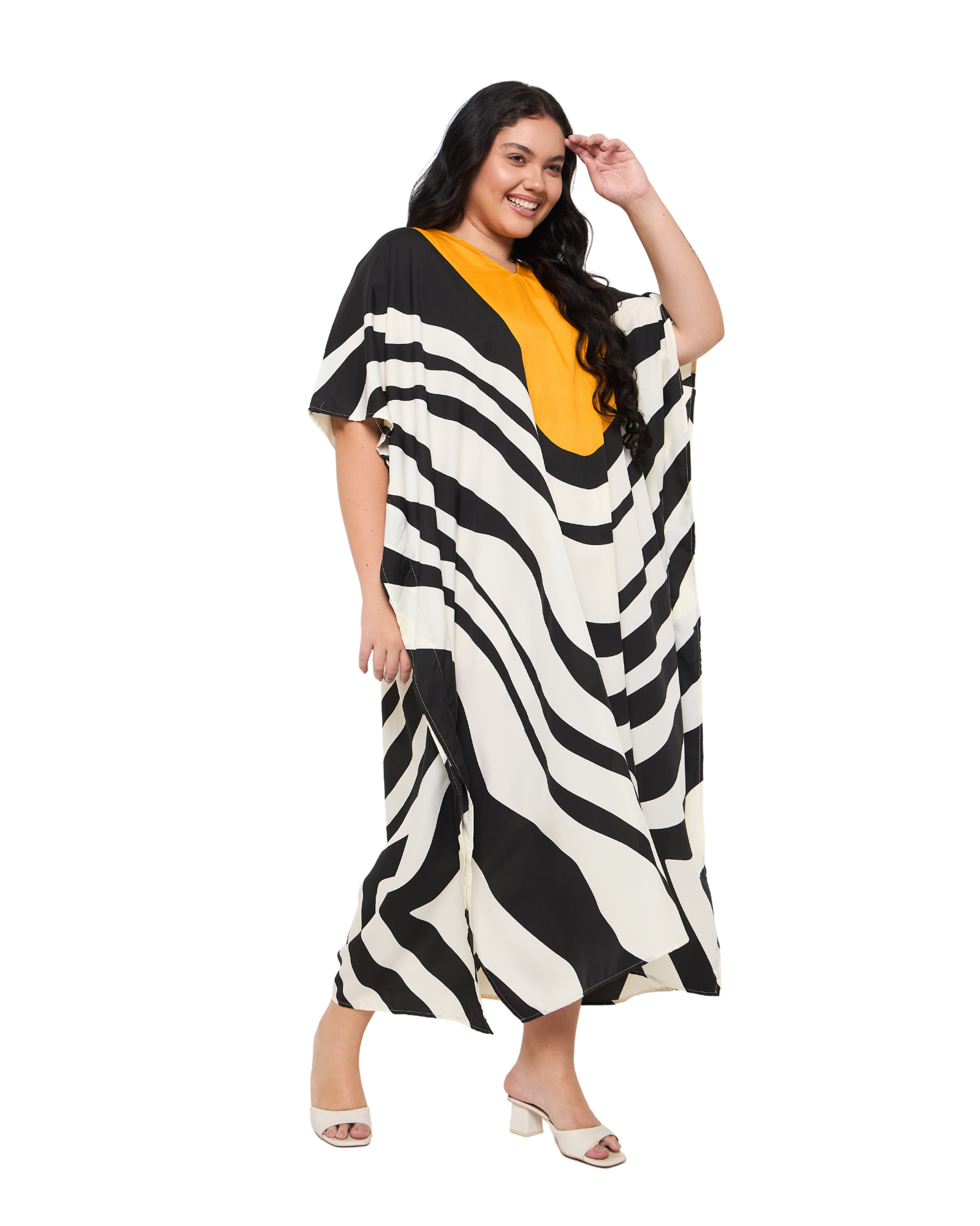 Striped White Polyester Women Plus Size Kaftan Dress for Resort