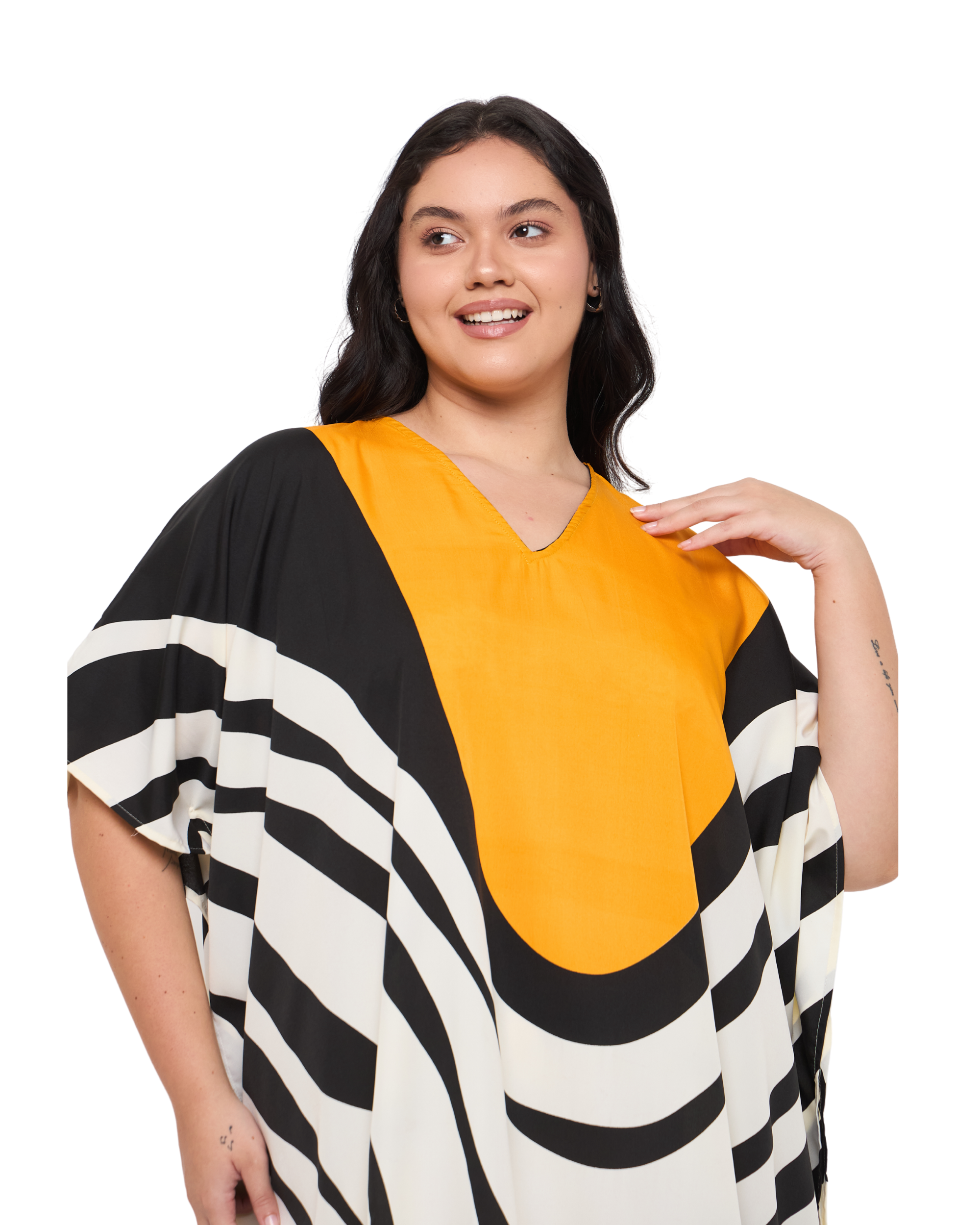 Striped White Polyester Women Plus Size Kaftan Dress for Resort
