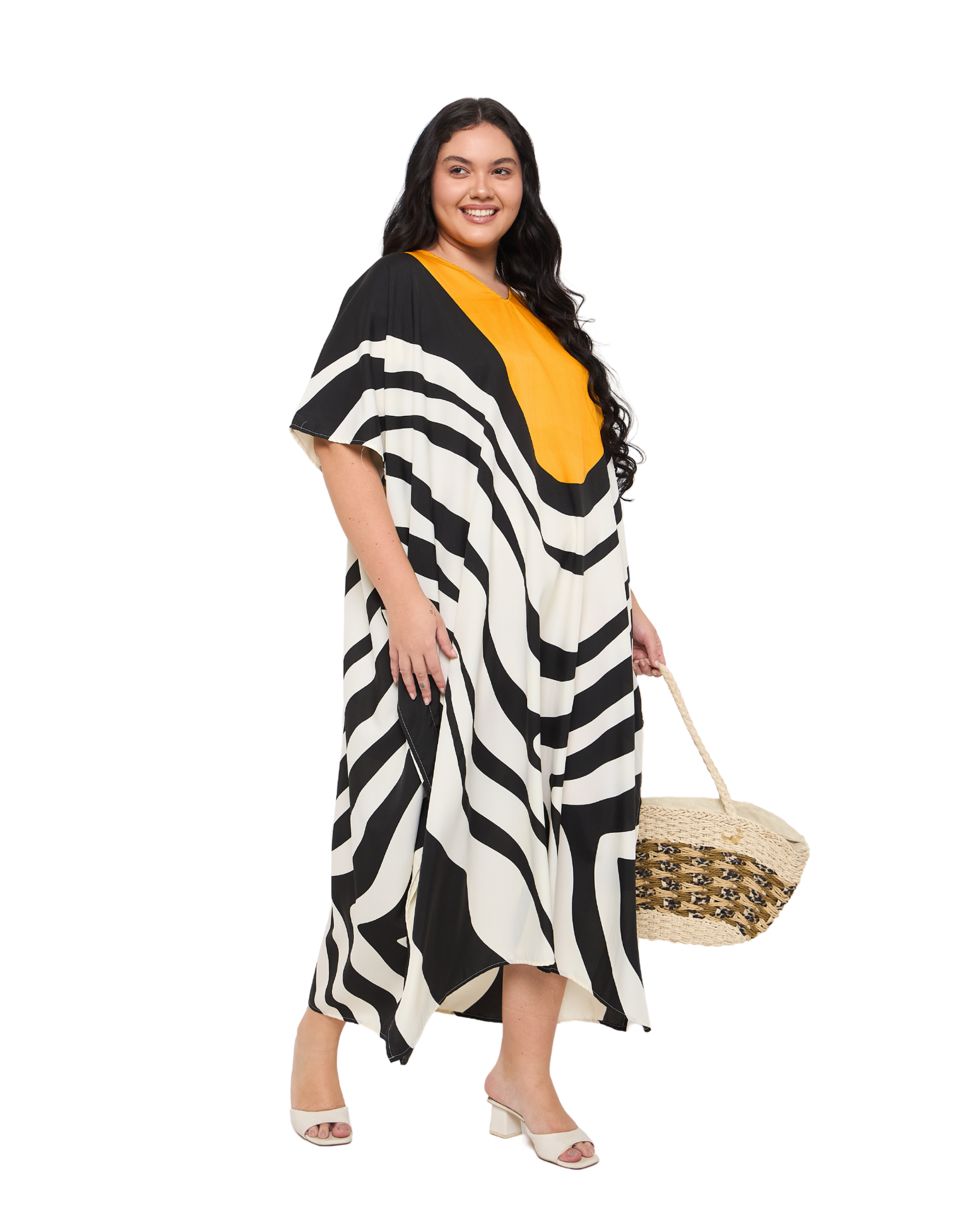 Striped White Polyester Women Plus Size Kaftan Dress for Resort