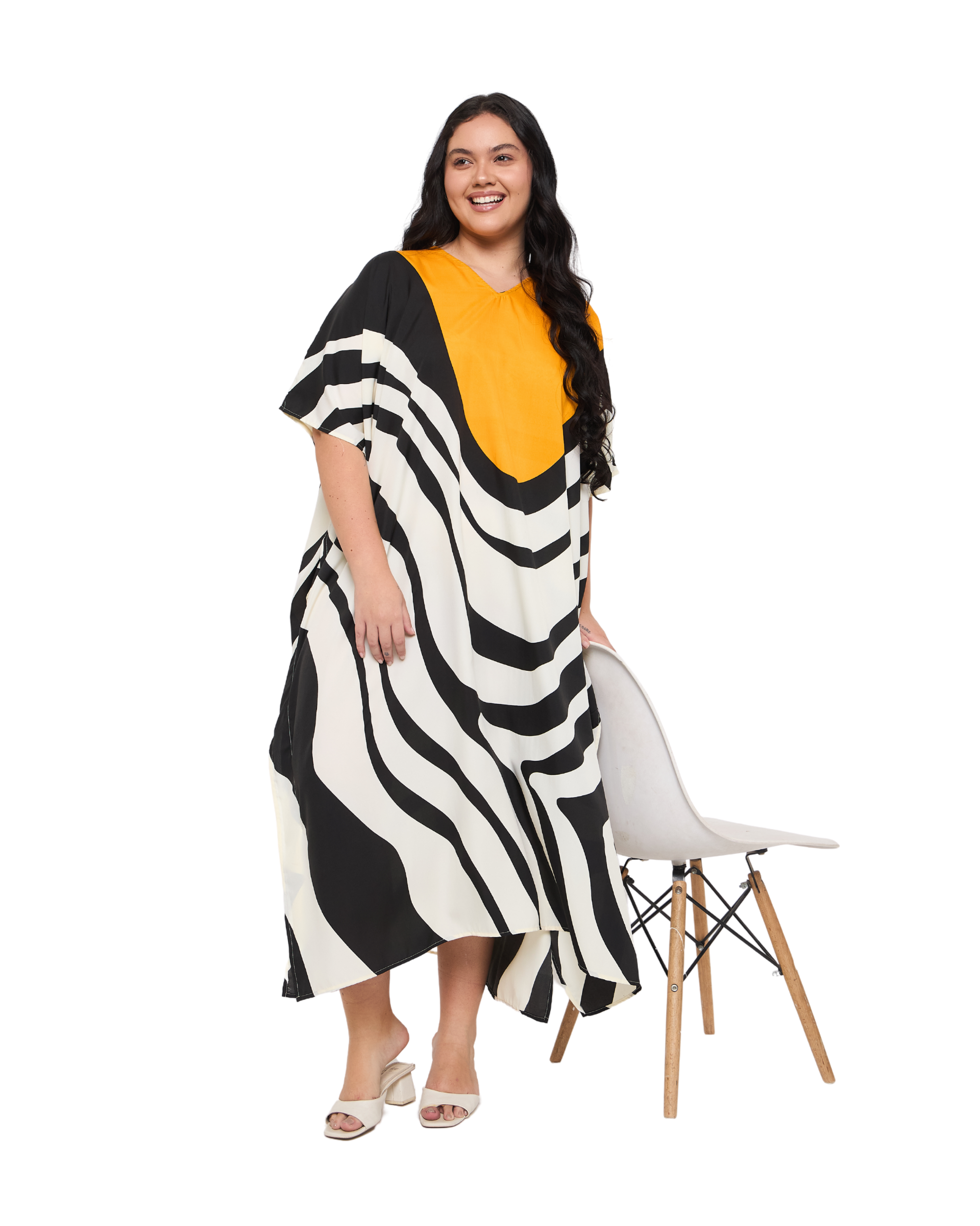 Striped White Polyester Women Plus Size Kaftan Dress for Resort