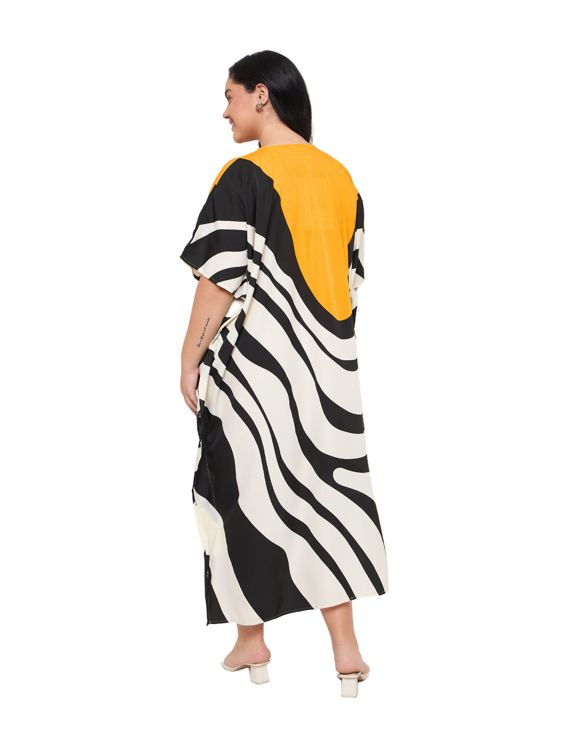 Striped White Polyester Women Plus Size Kaftan Dress for Resort