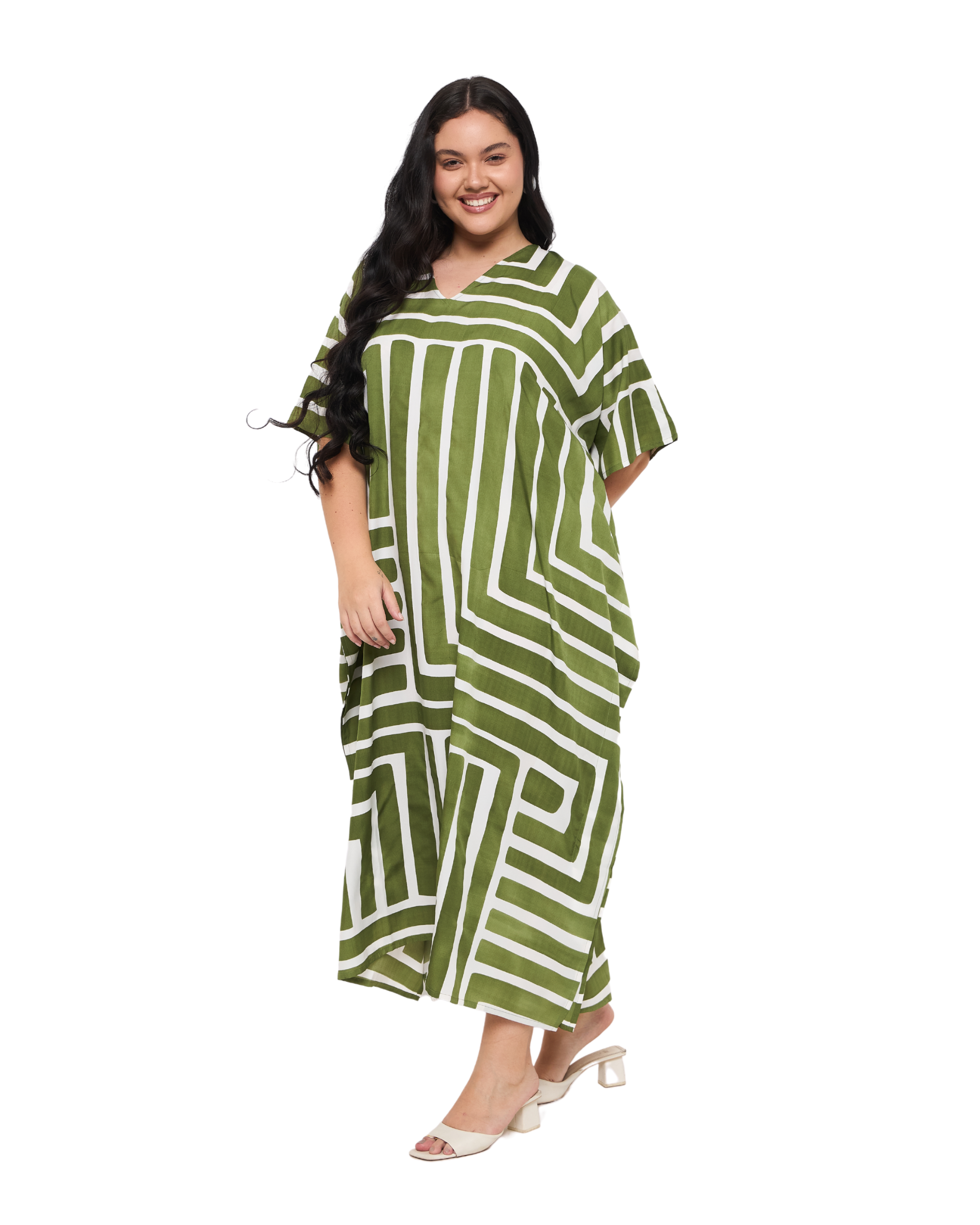 Striped Olive Green Polyester Women Plus Size Resort Kaftan