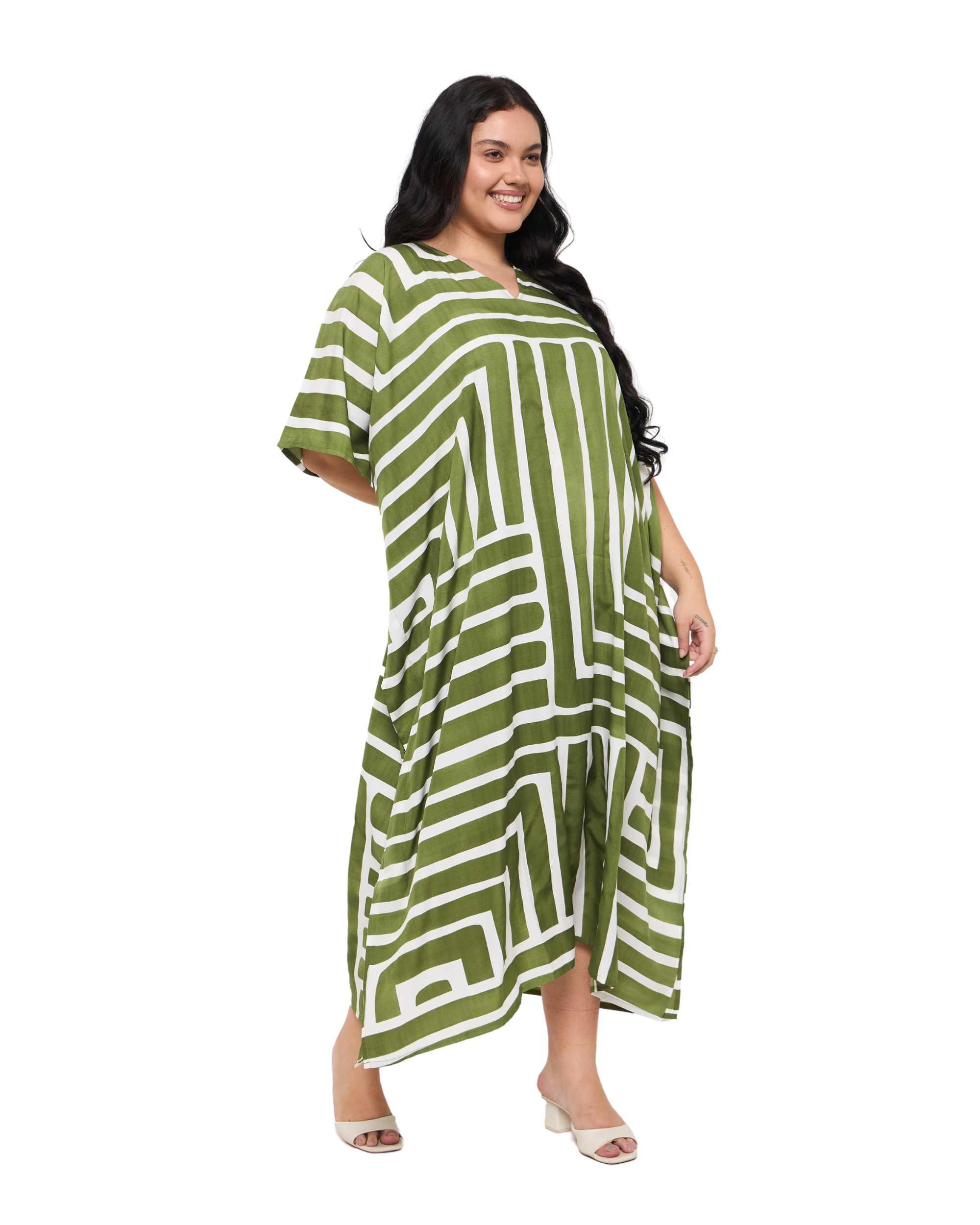 Striped Olive Green Polyester Women Plus Size Resort Kaftan