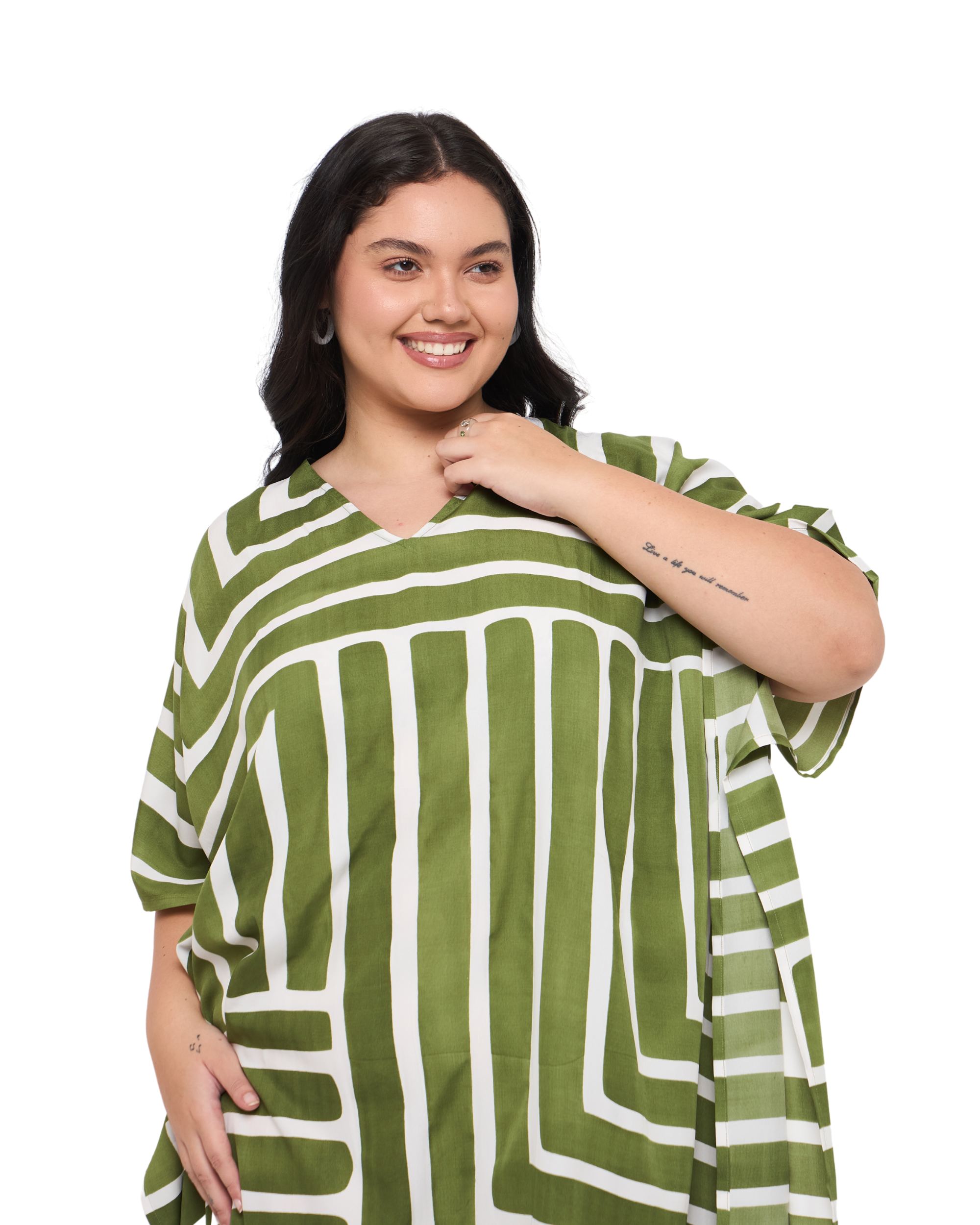 Striped Olive Green Polyester Women Plus Size Resort Kaftan