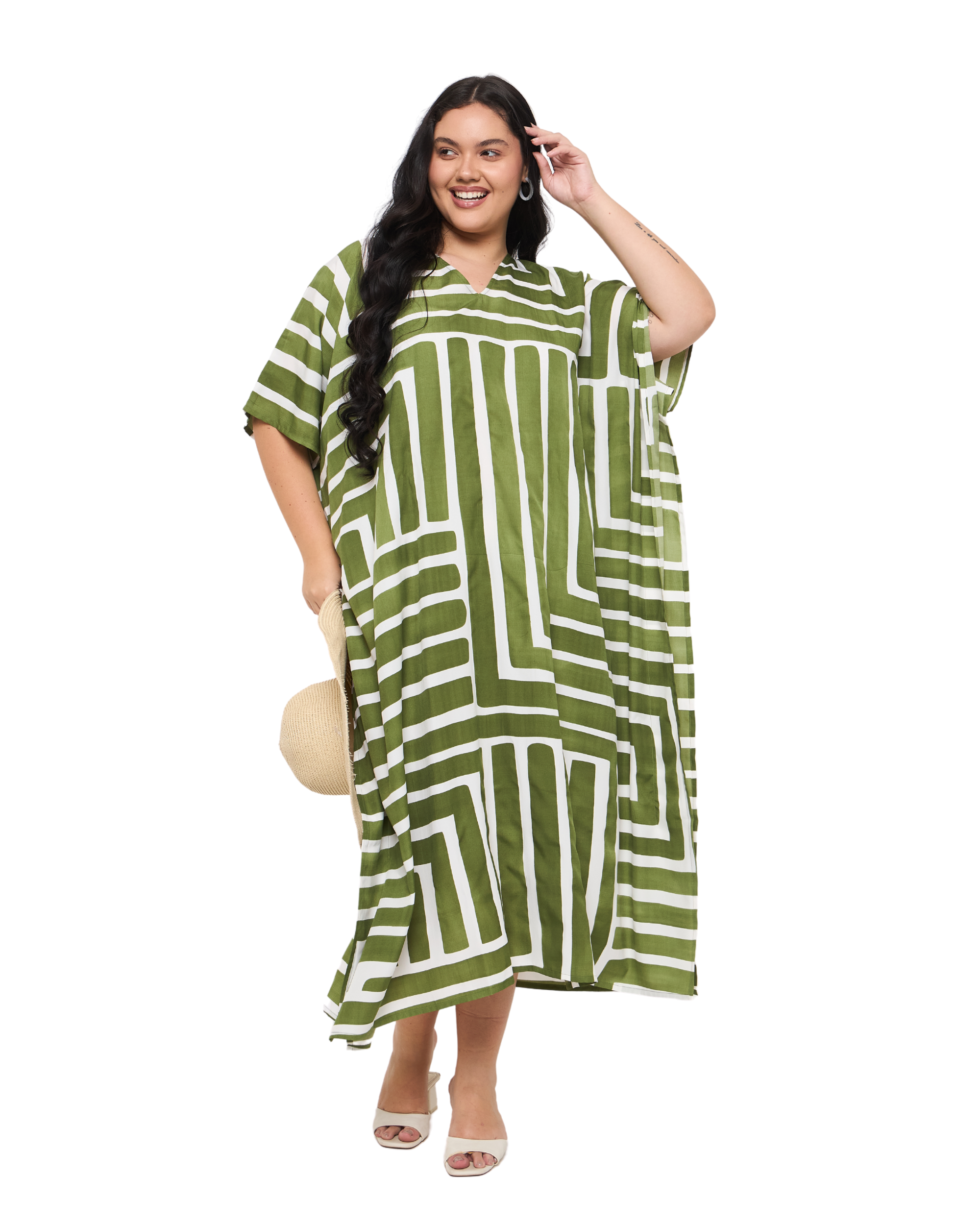 Striped Olive Green Polyester Women Plus Size Resort Kaftan