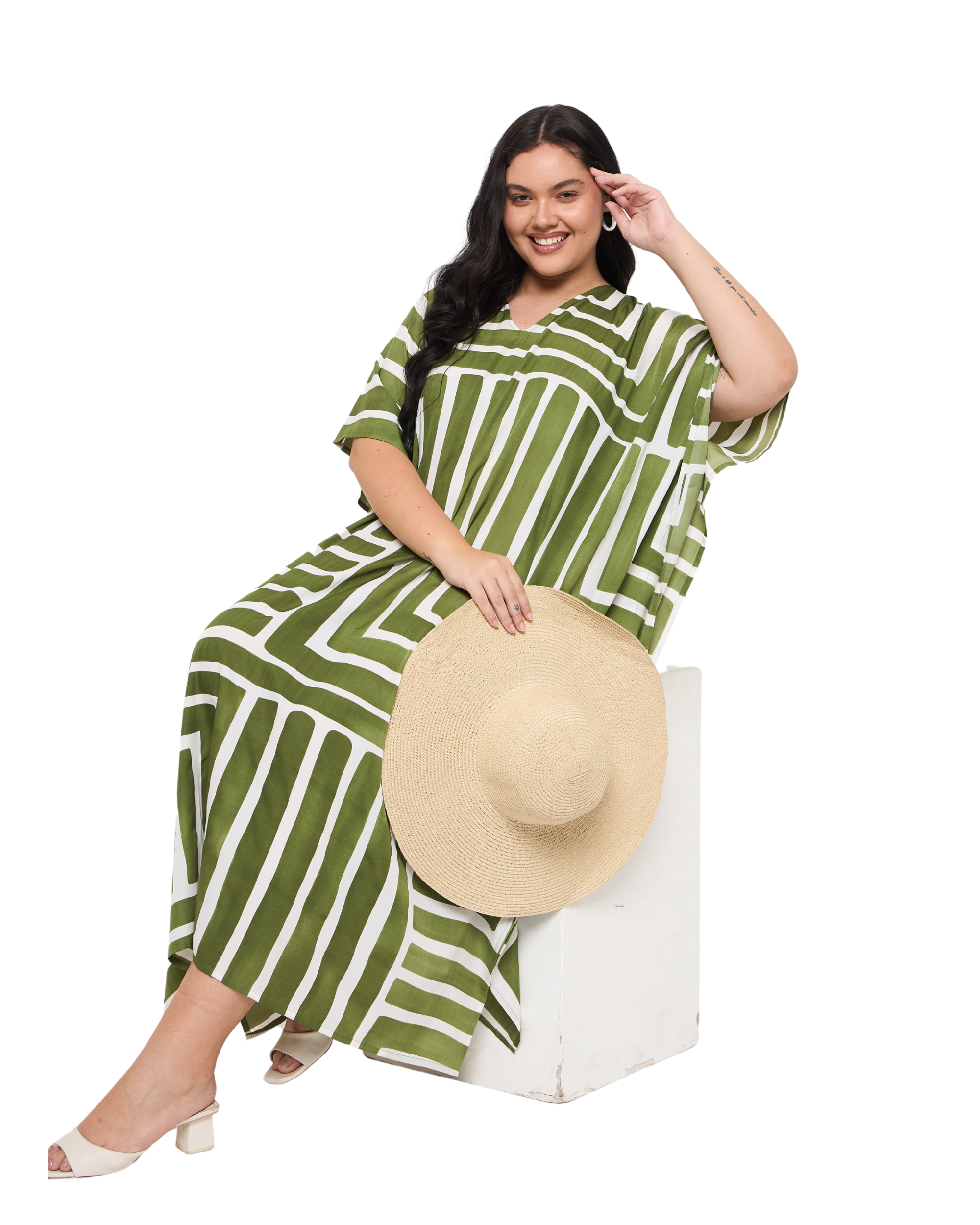 Striped Olive Green Polyester Women Plus Size Resort Kaftan