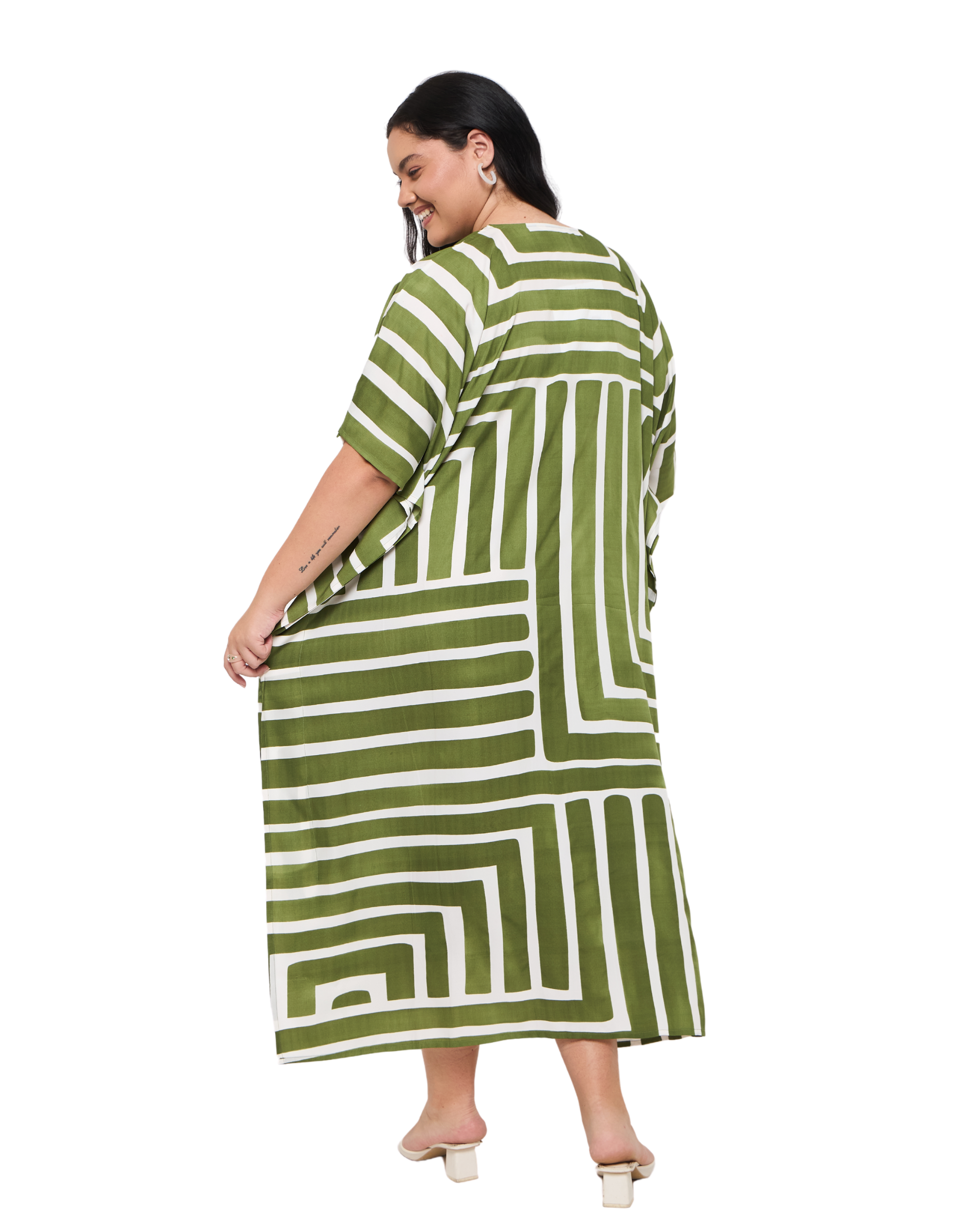 Striped Olive Green Polyester Women Plus Size Resort Kaftan