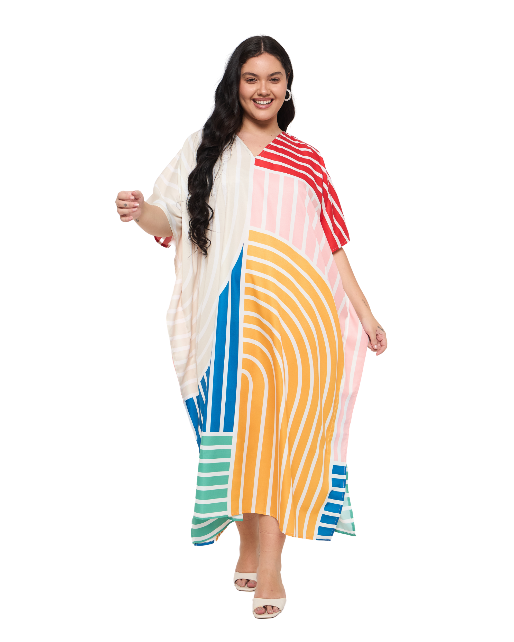 Striped Yellow & Mint Green Polyester Women Plus Size Beach Kaftan Dress