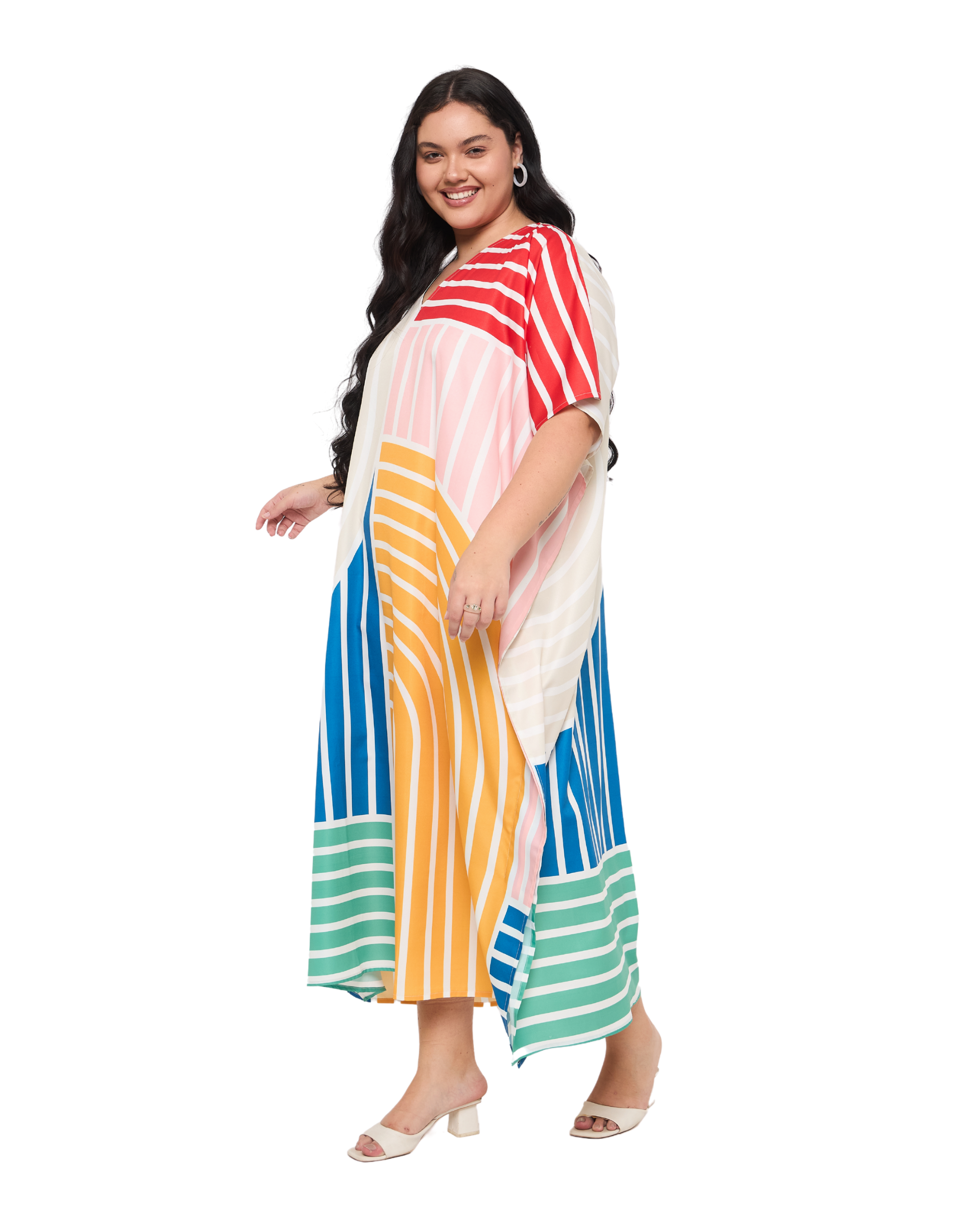 Striped Yellow & Mint Green Polyester Women Plus Size Beach Kaftan Dress