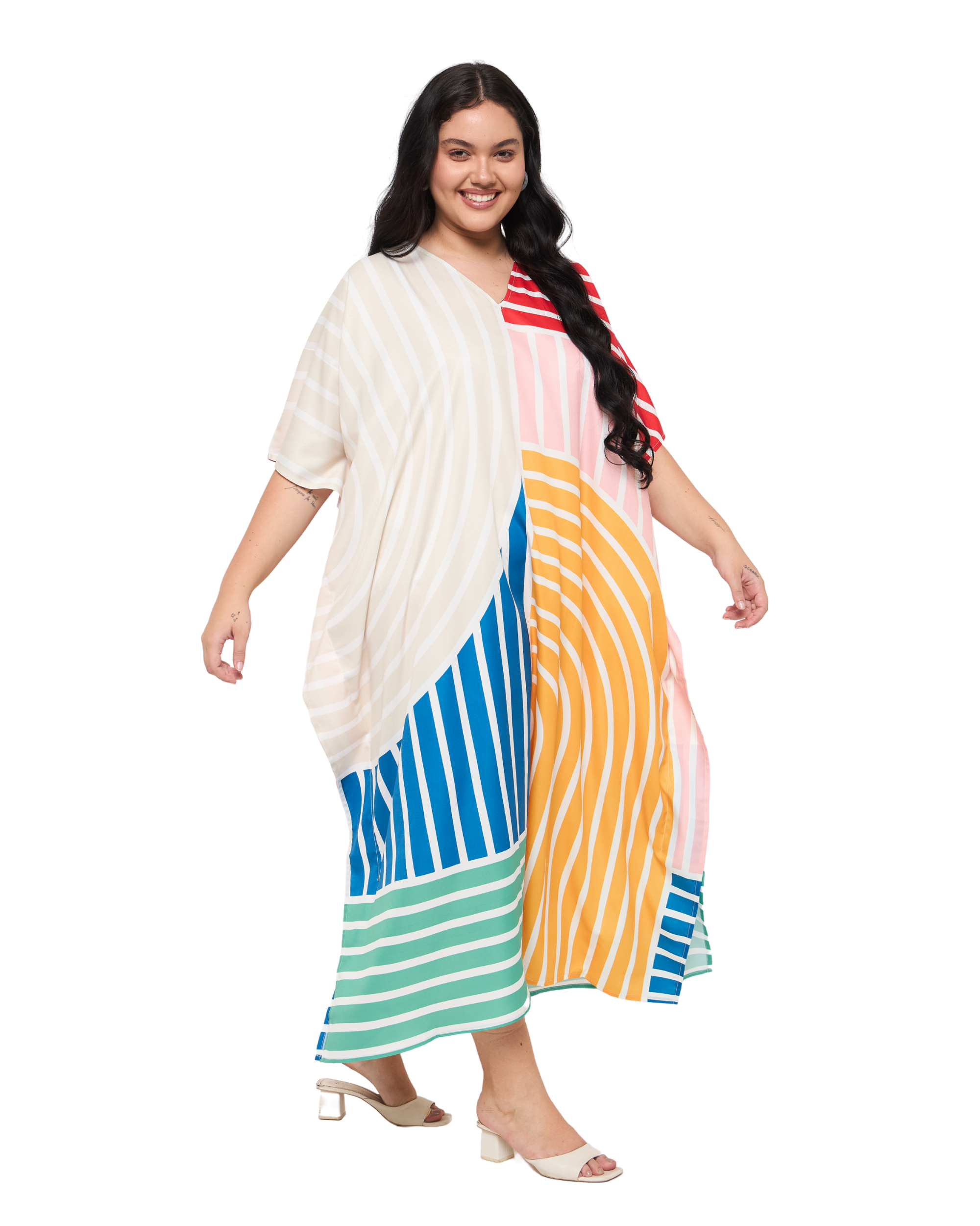 Striped Yellow & Mint Green Polyester Women Plus Size Beach Kaftan Dress
