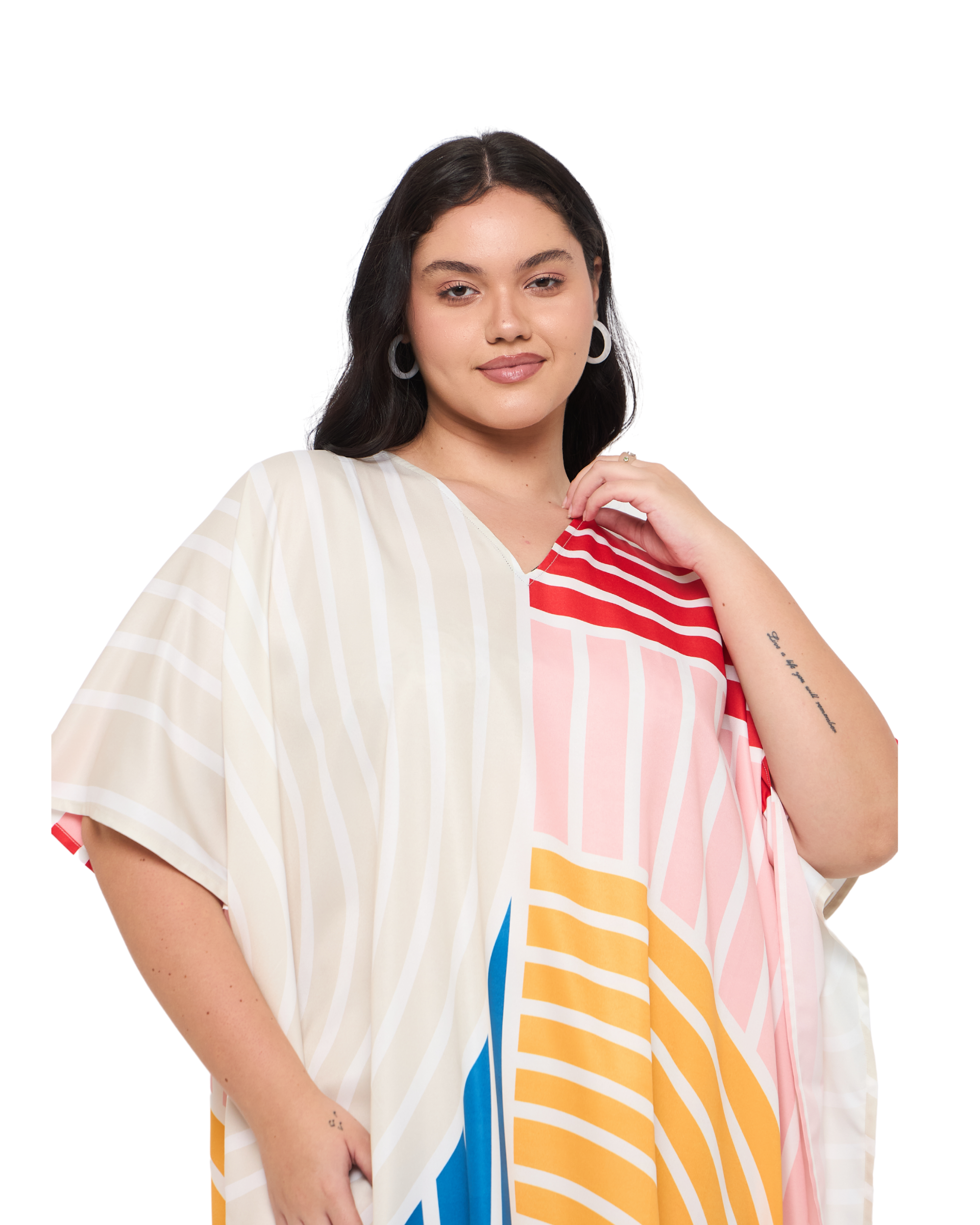 Striped Yellow & Mint Green Polyester Women Plus Size Beach Kaftan Dress