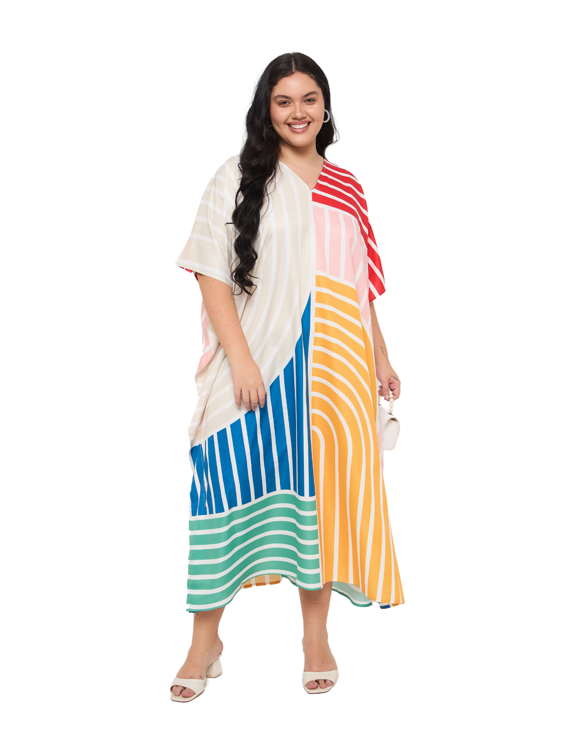 Striped Yellow & Mint Green Polyester Women Plus Size Beach Kaftan Dress