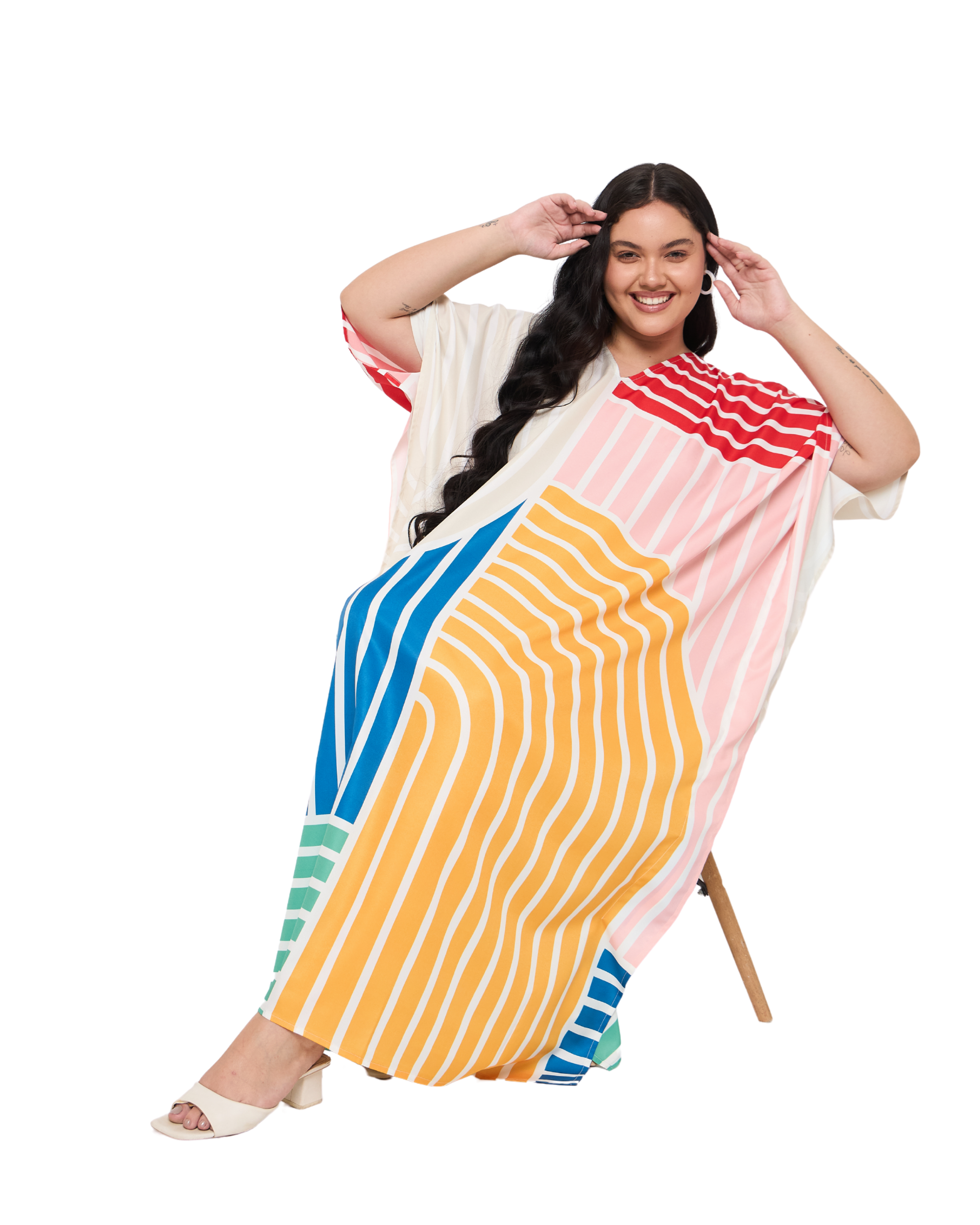 Striped Yellow & Mint Green Polyester Women Plus Size Beach Kaftan Dress