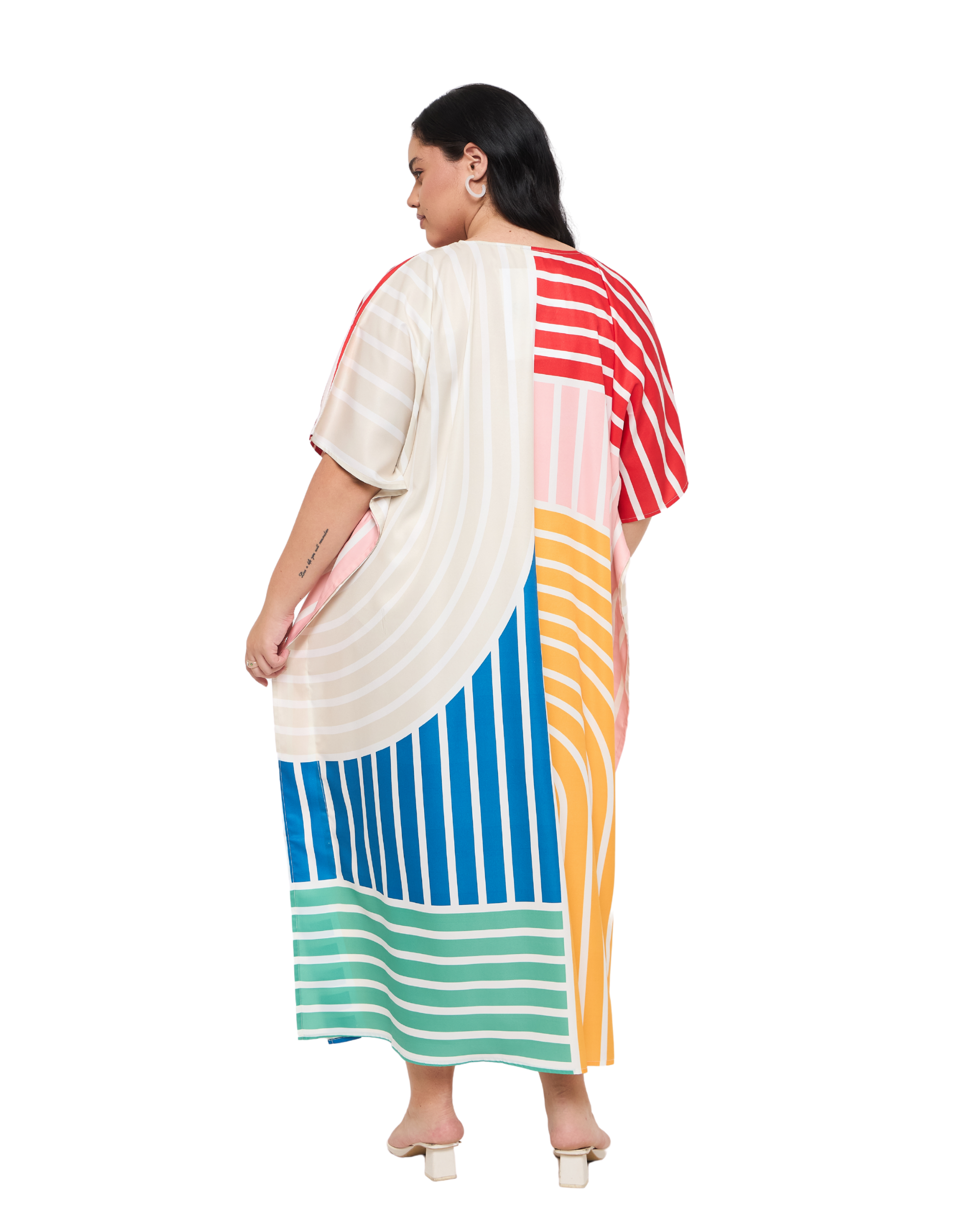 Striped Yellow & Mint Green Polyester Women Plus Size Beach Kaftan Dress