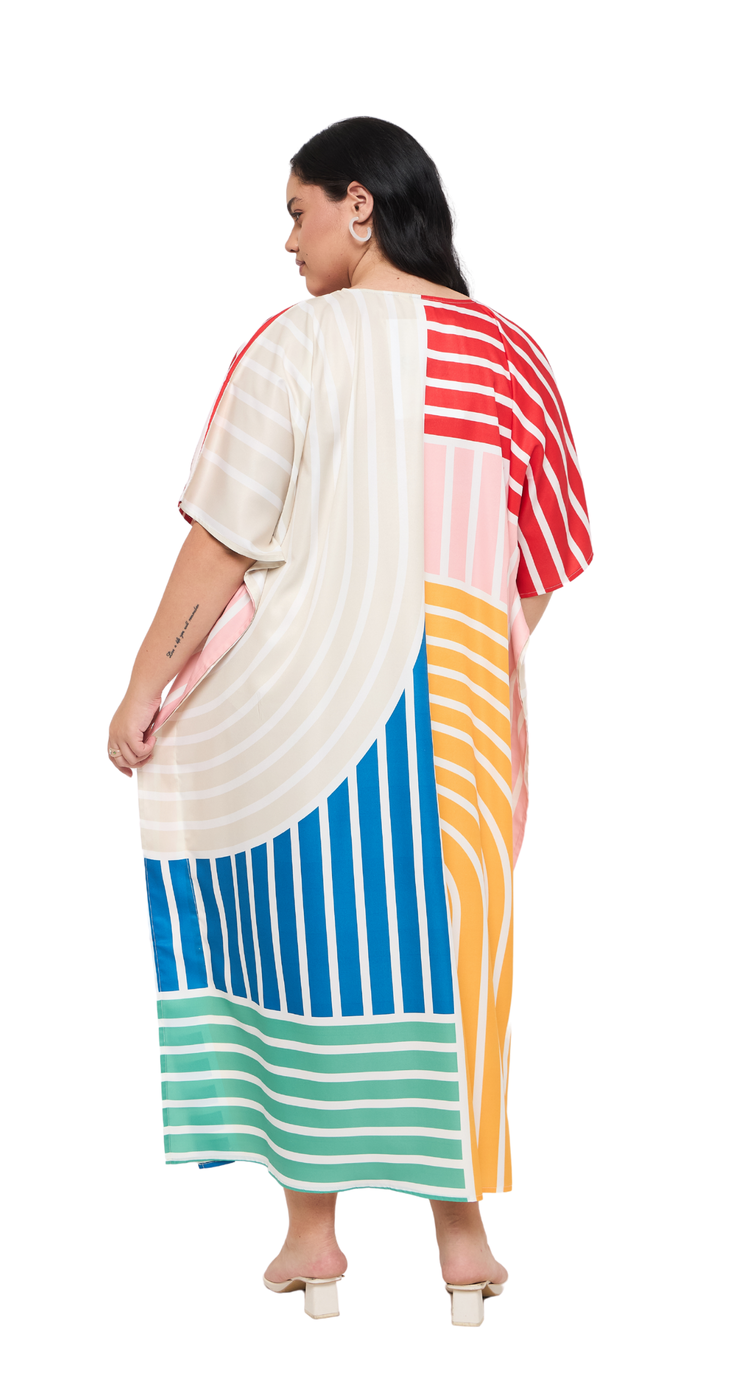 Yellow and mint rainbow stripe colorblock plus size kaftan with kimono sleeves — alternate view