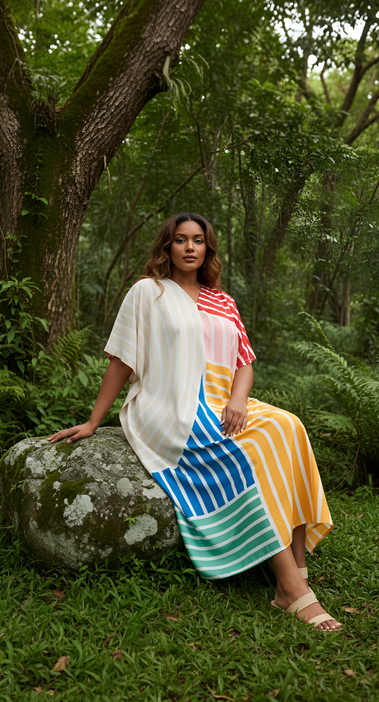 Striped Yellow Polyester Women Plus Size Beach Kaftan Dress