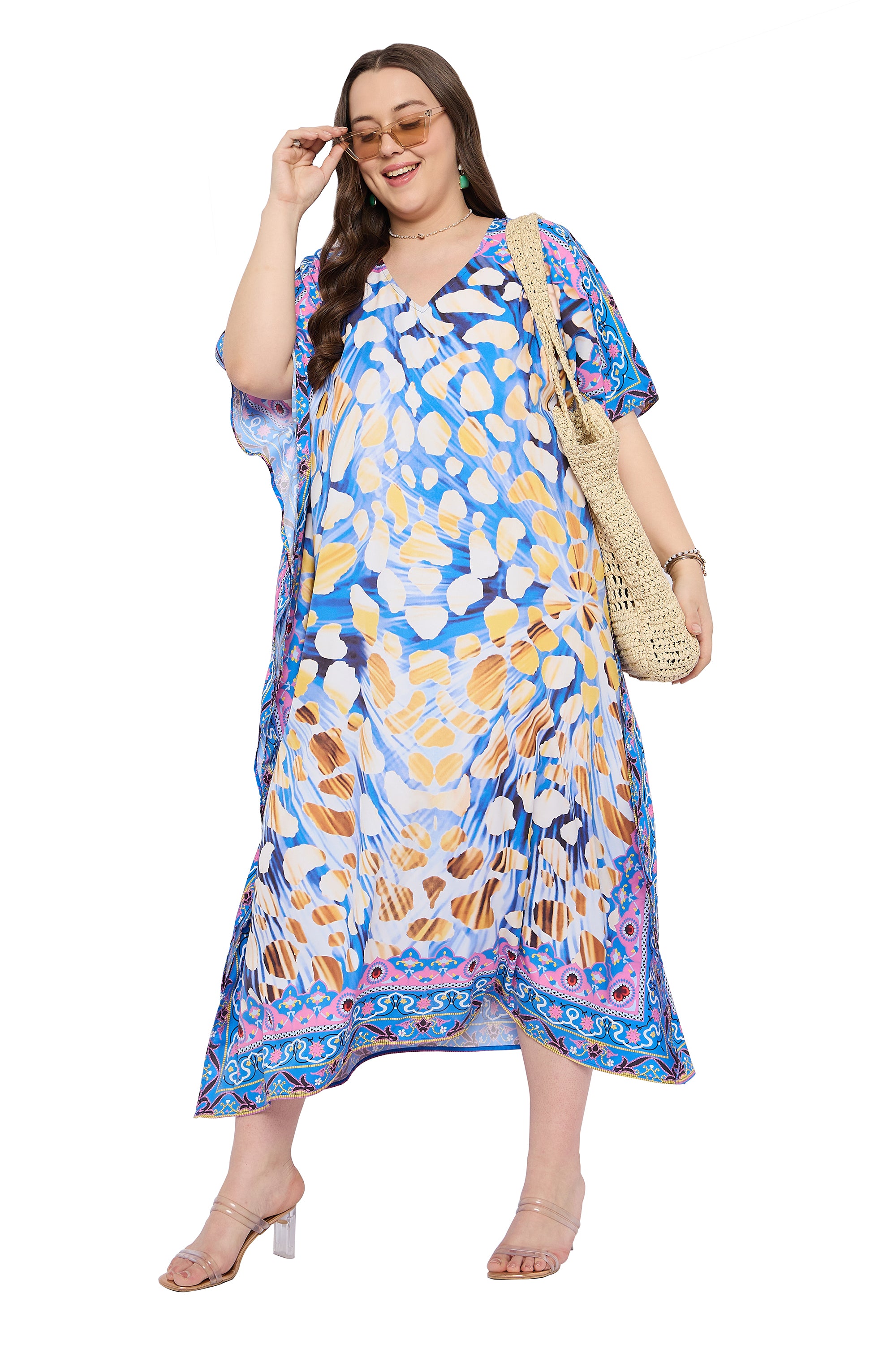 Sky Blue Polyester Women Plus Size Casual Kaftan Dress for Vacations