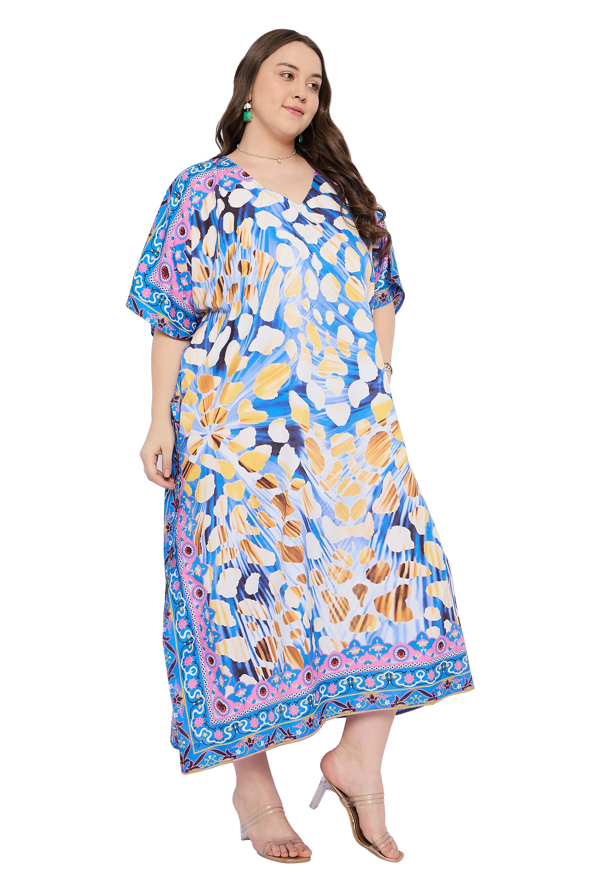 Sky Blue Polyester Women Plus Size Casual Kaftan Dress for Vacations