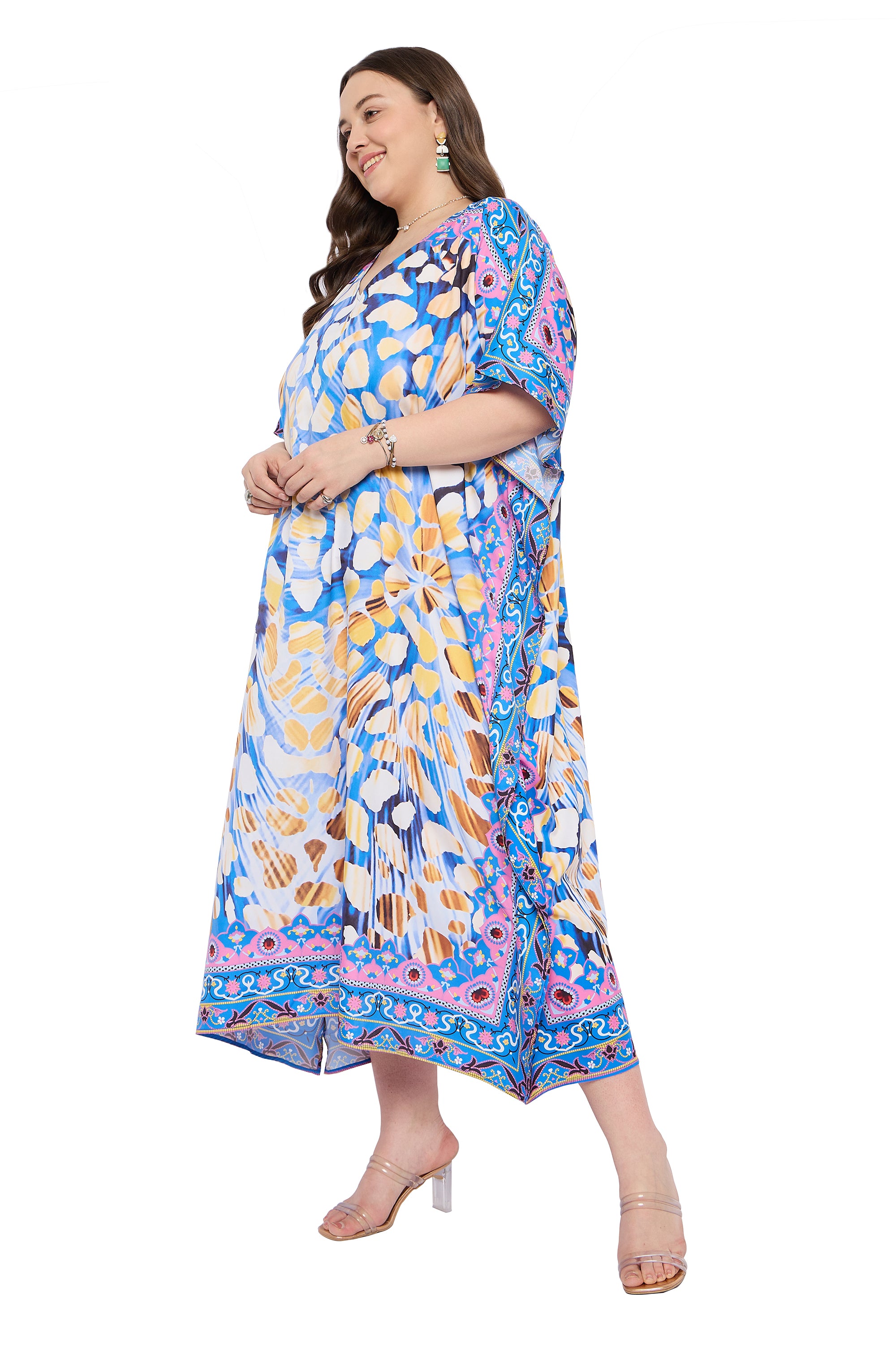 Sky Blue Polyester Women Plus Size Casual Kaftan Dress for Vacations