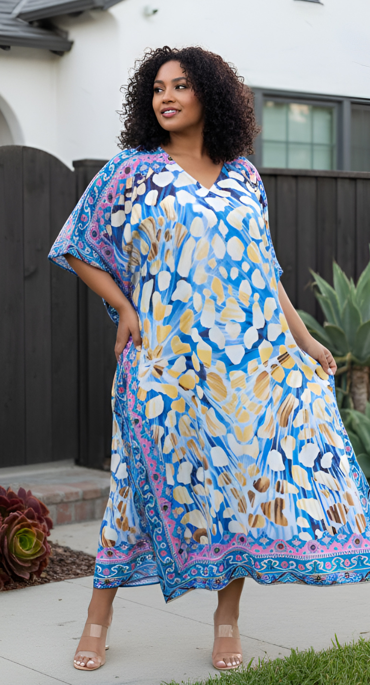 Sky Blue Polyester Women Plus Size Casual Kaftan Dress for Vacations