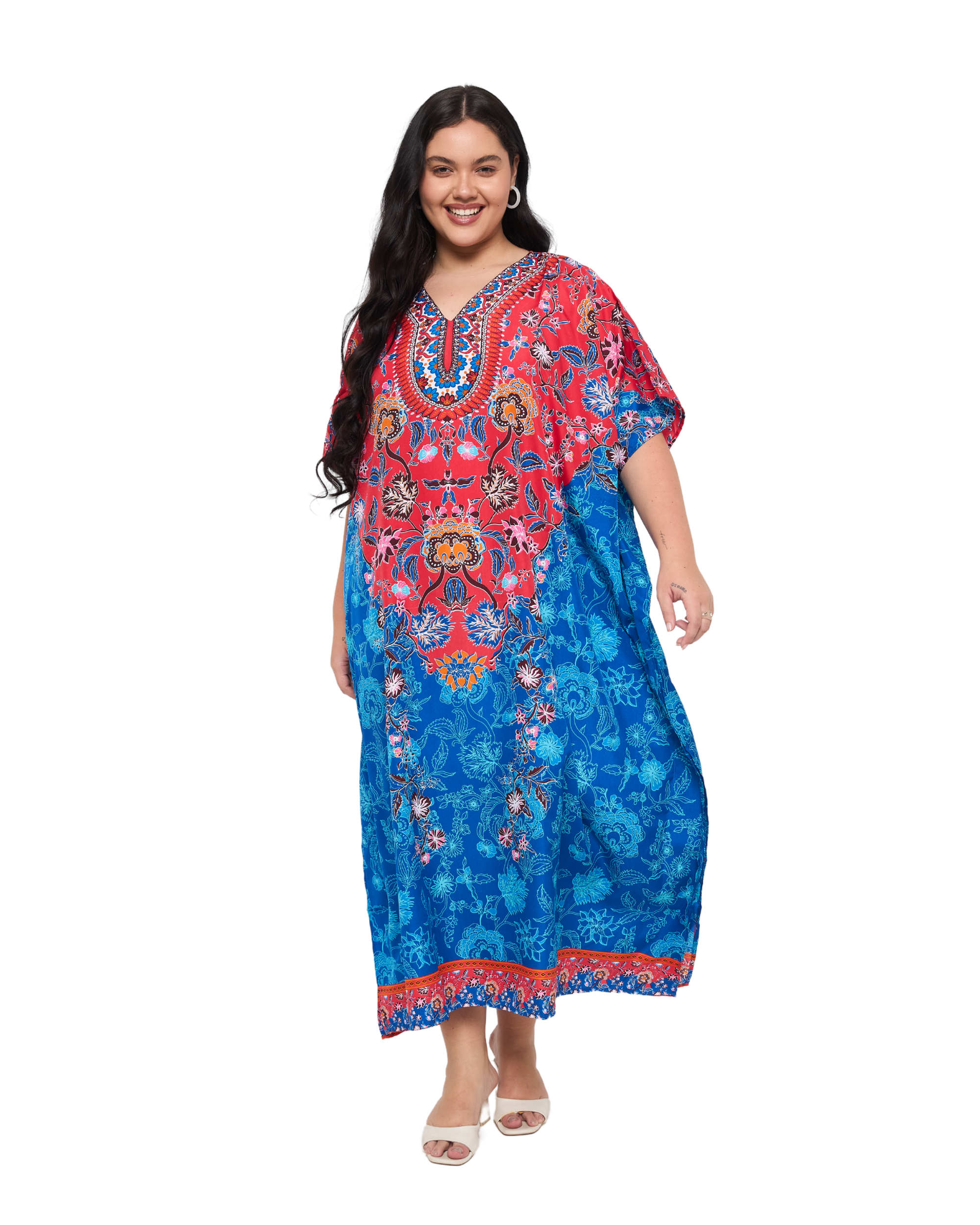 Floral Royal Blue Polyester Plus Size Floral Kaftan Dress for Women