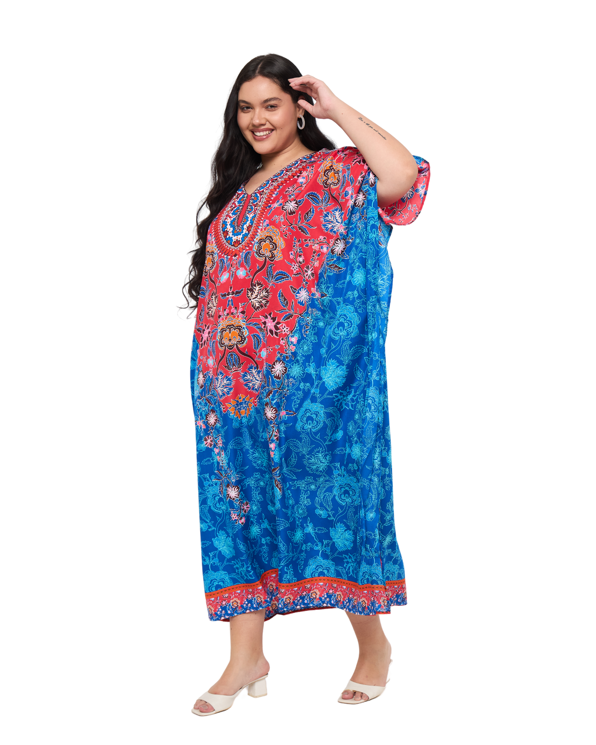 Floral Royal Blue Polyester Plus Size Floral Kaftan Dress for Women