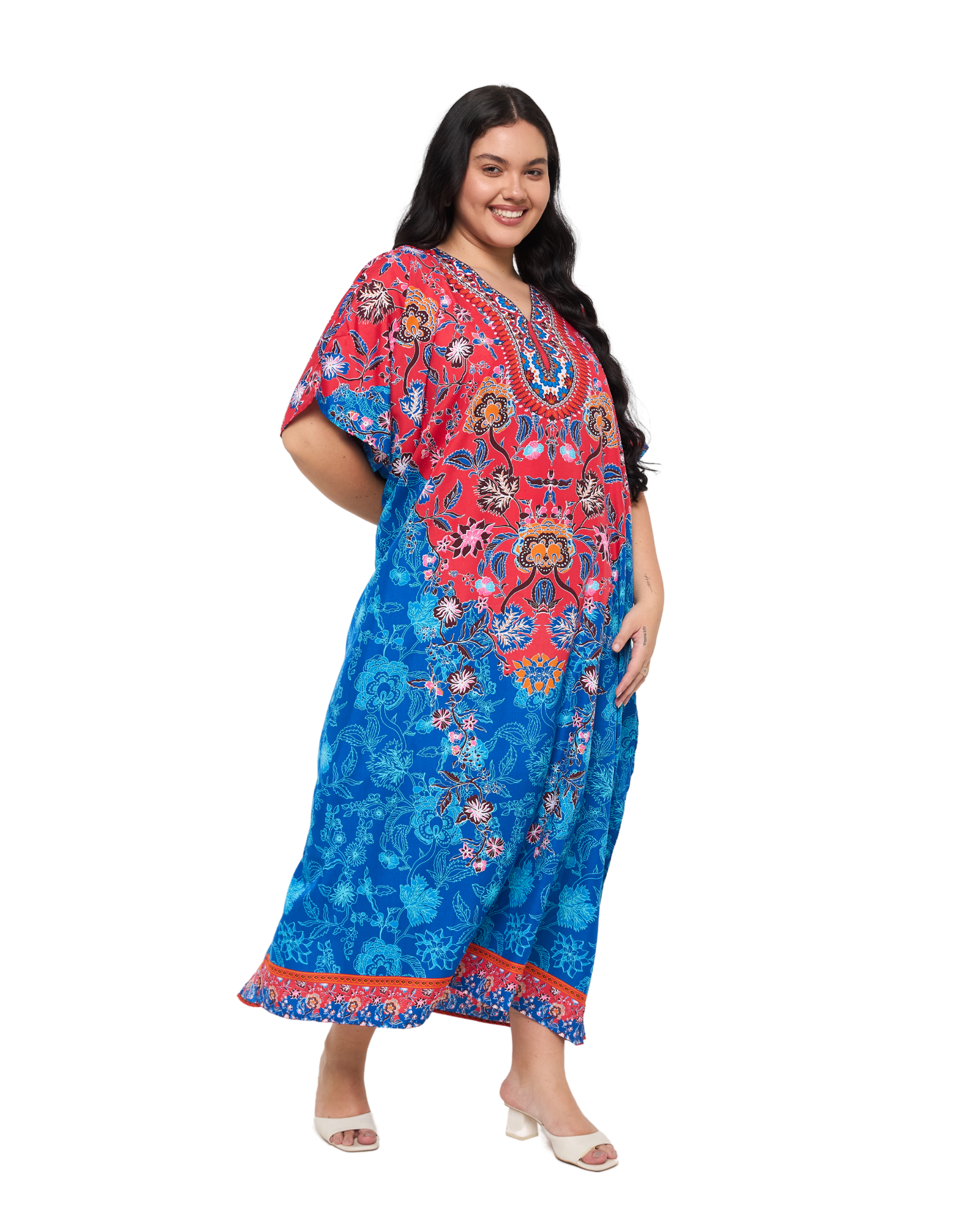 Floral Royal Blue Polyester Plus Size Floral Kaftan Dress for Women